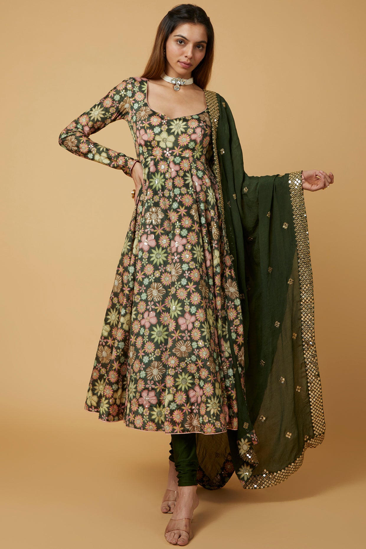 forest green printed Anarkali set