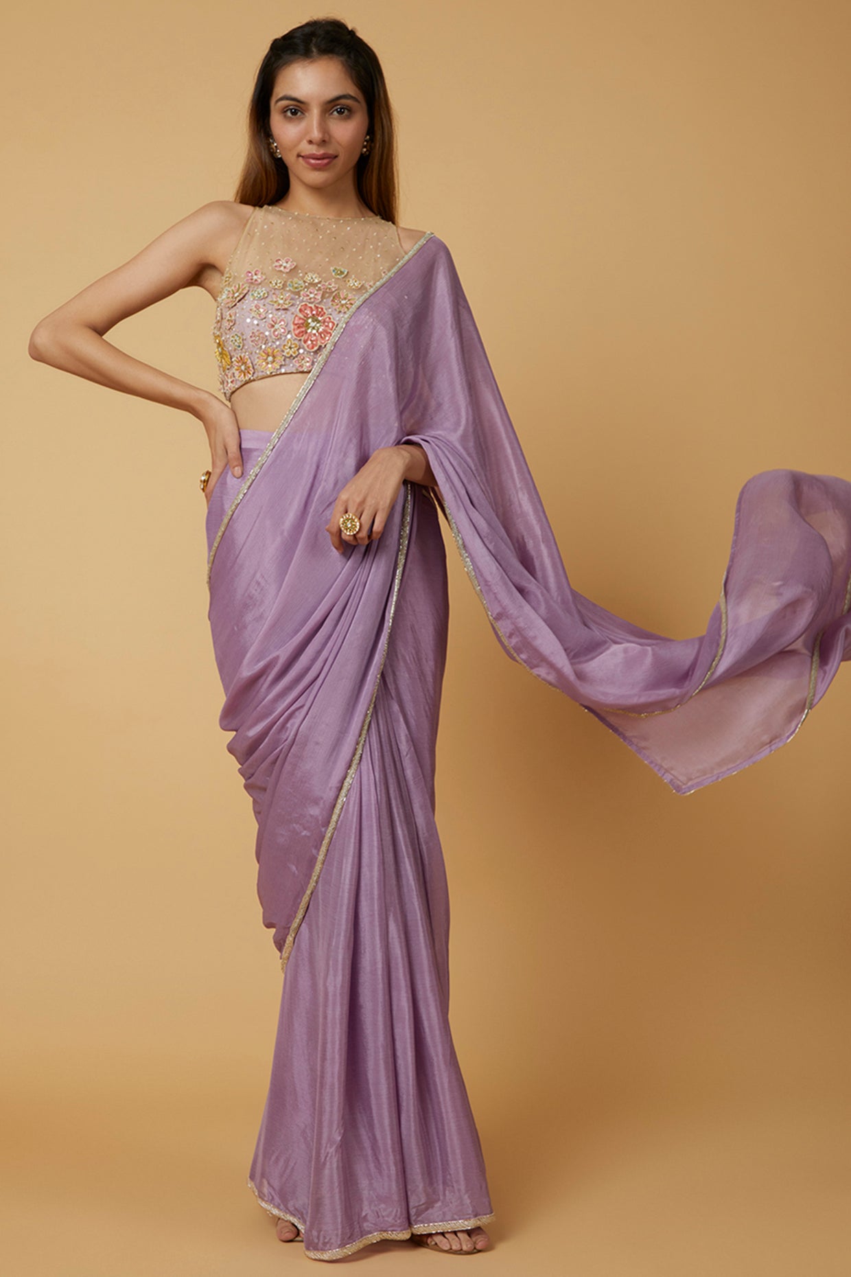 Orchid Purple Embroidered Draped Saree Set