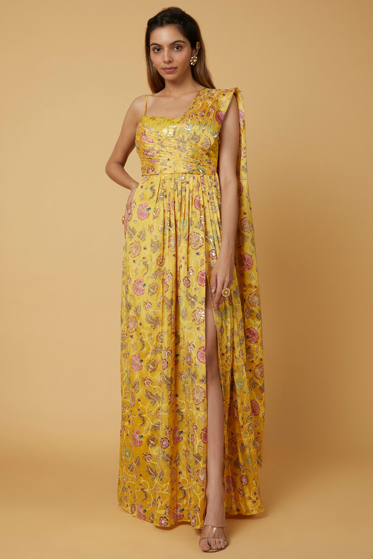 Yellow printed draped saree gown