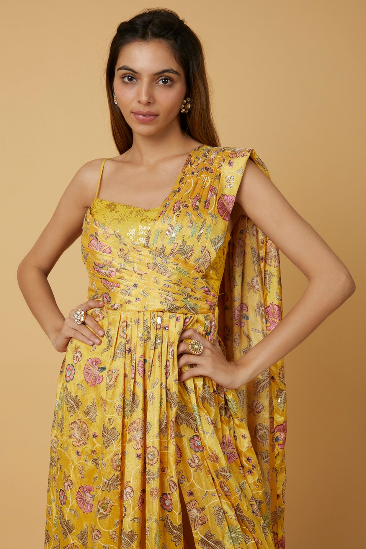 Yellow printed draped saree gown