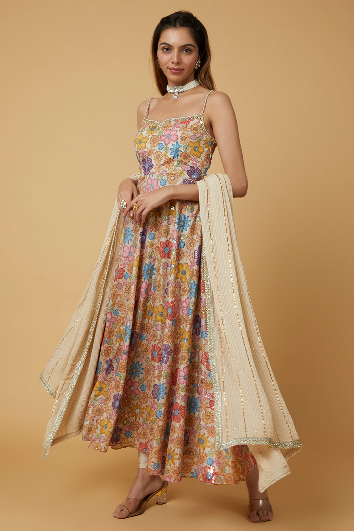 Pearl beige printed Anarkali set