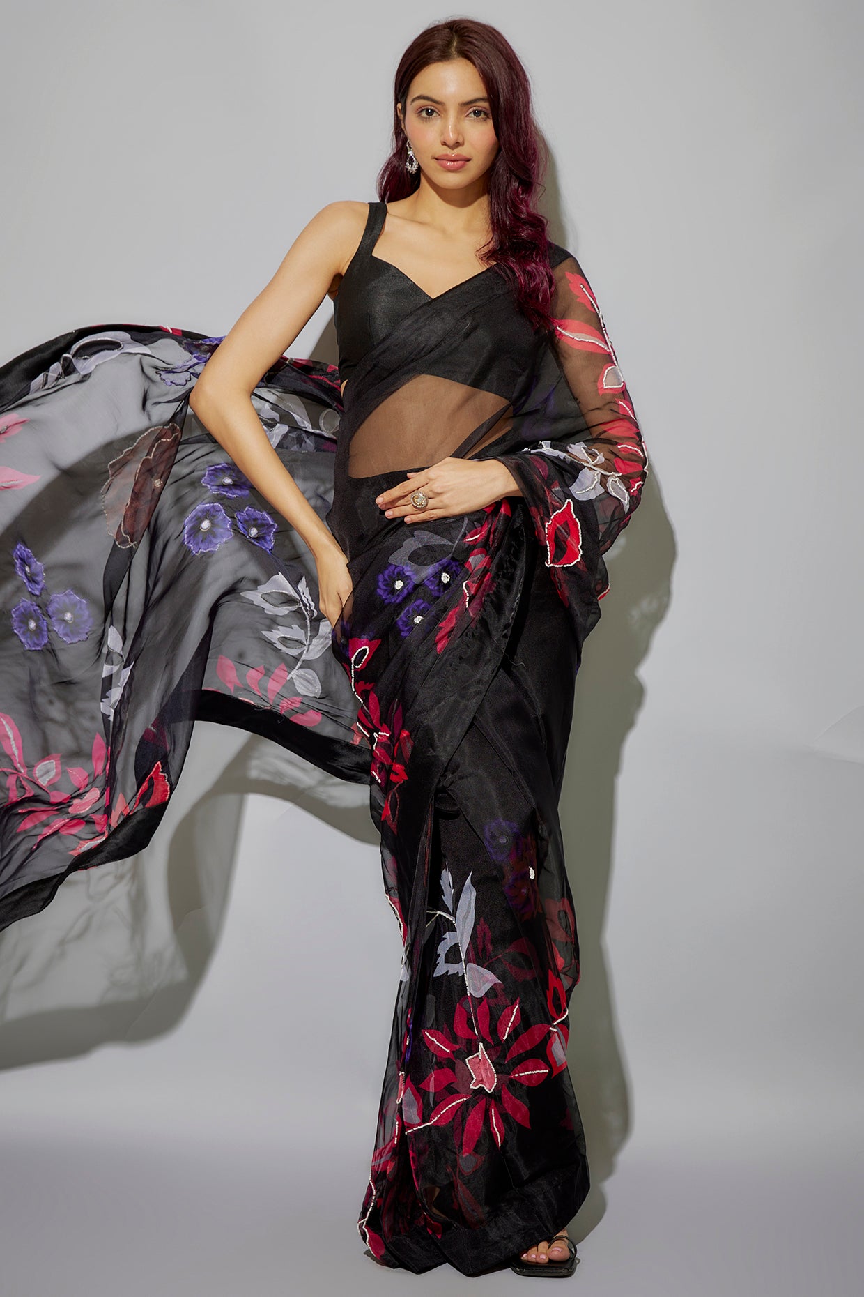 Black organza printed pre-draped saree set