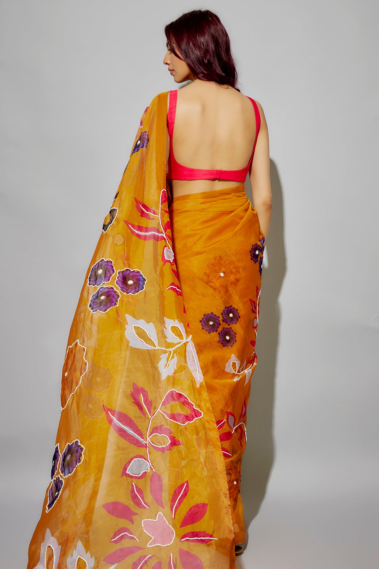 Mustard organza printed pre-draped saree set