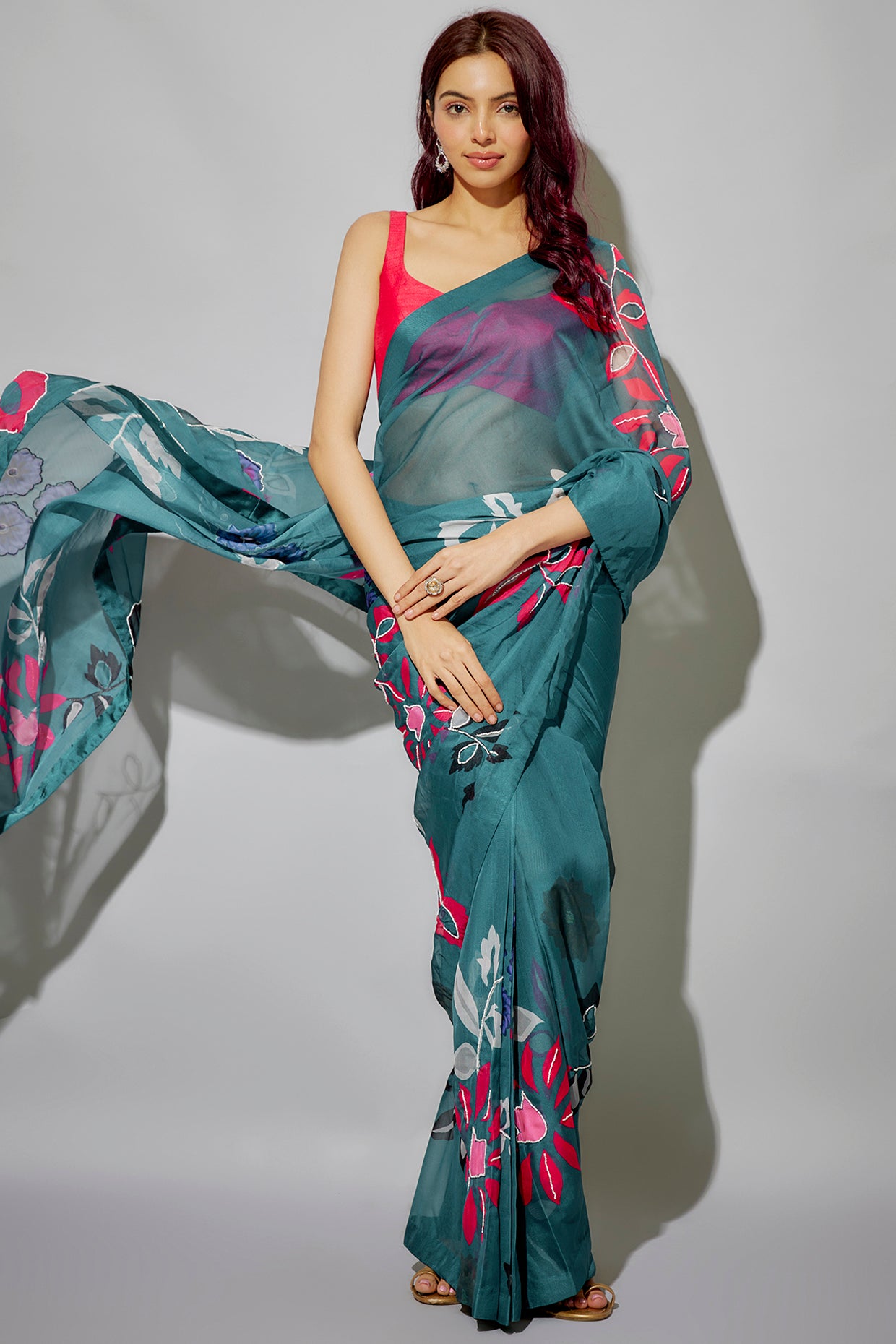 Teal blue organza printed pre-draped saree set