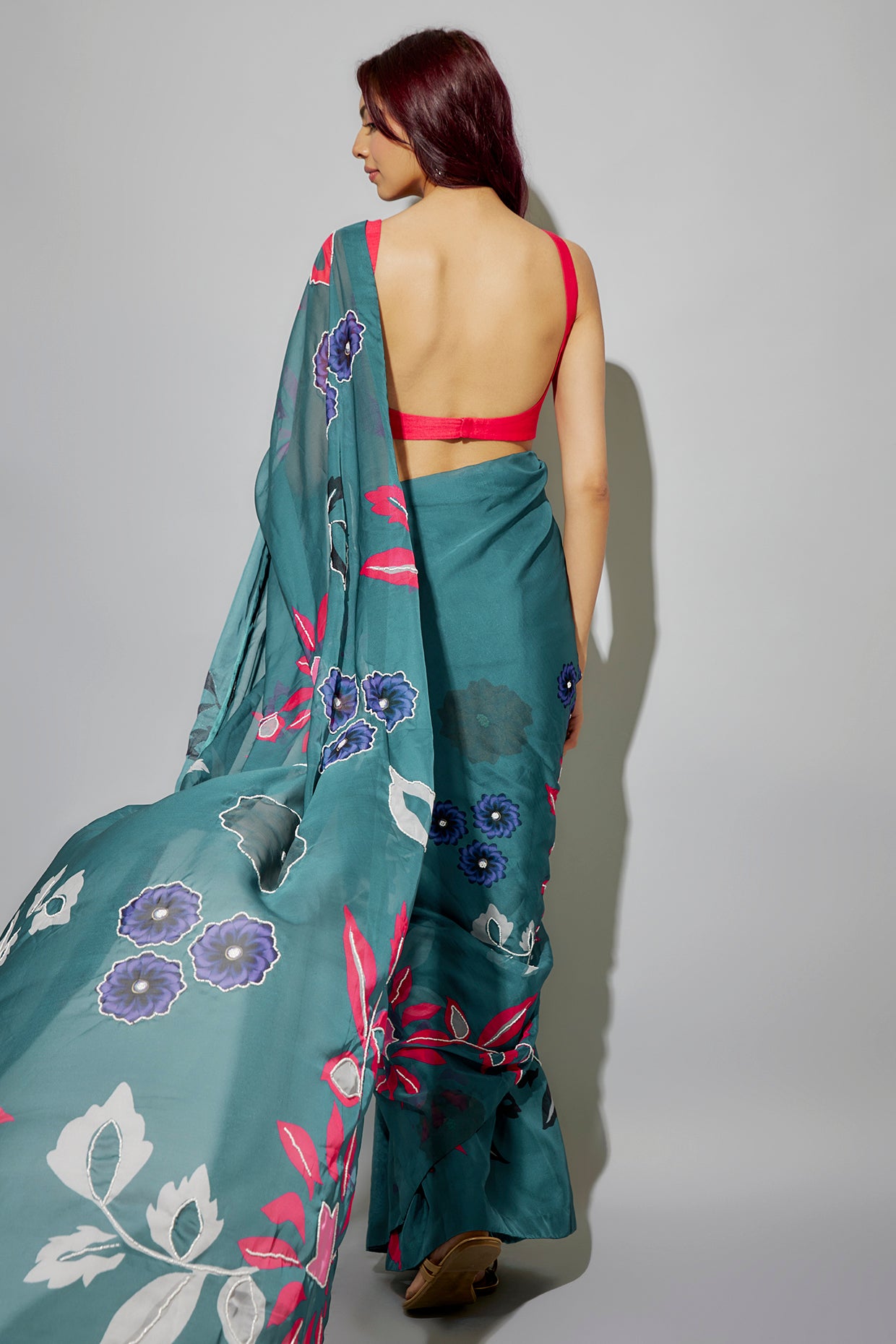 Teal blue organza printed pre-draped saree set