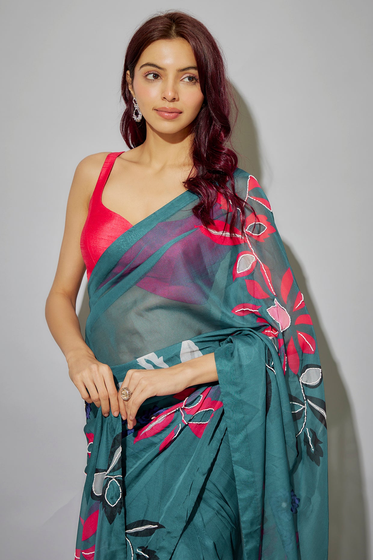 Teal blue organza printed pre-draped saree set