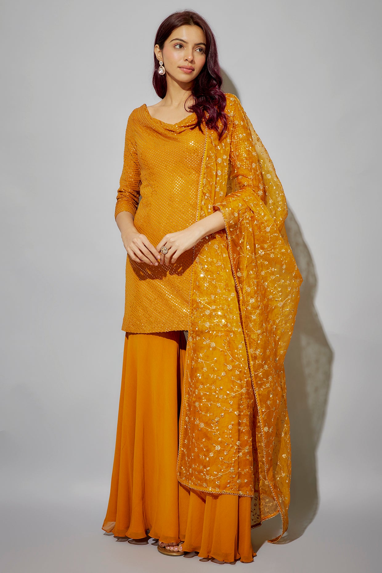 Mustard  georgette embroidered sharara set