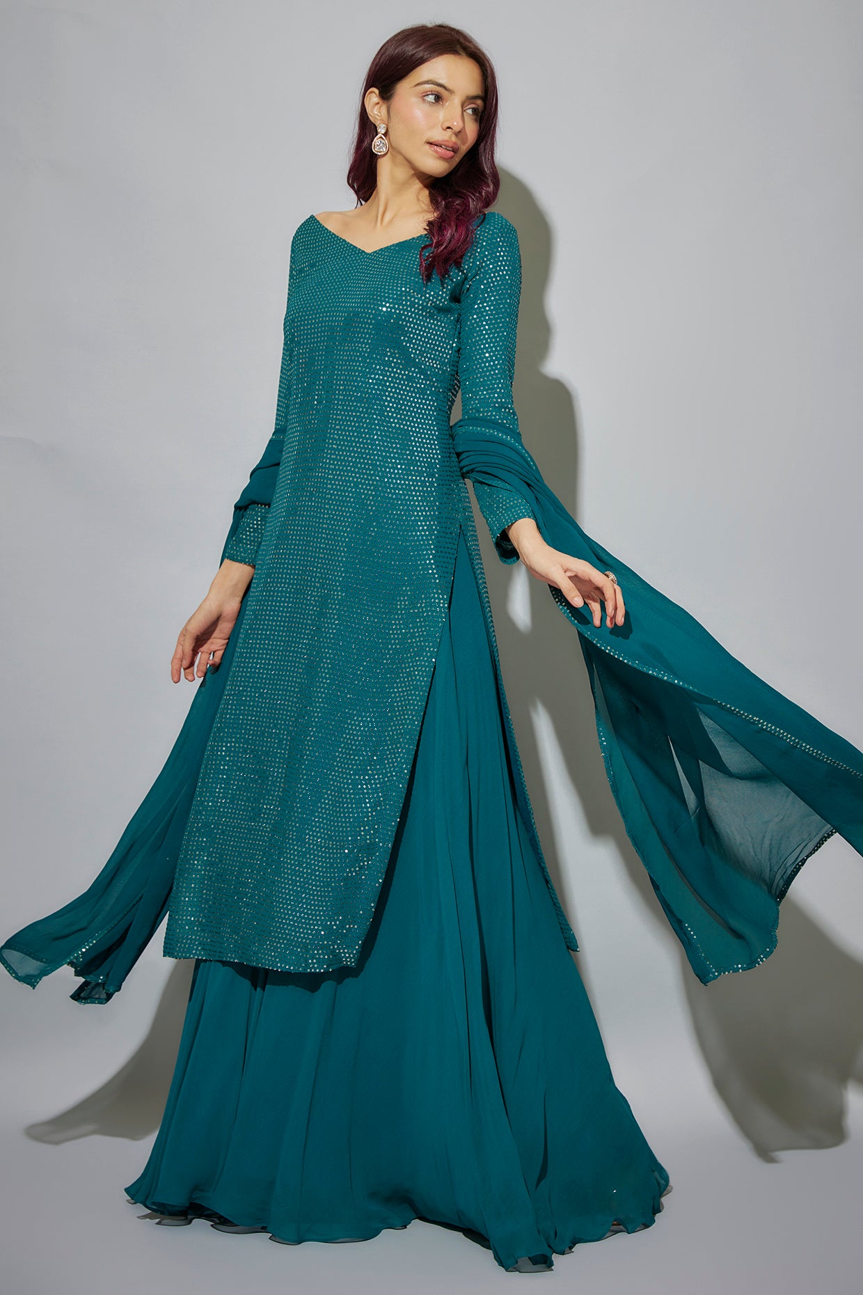 Teal blue georgette embroidered kurta set