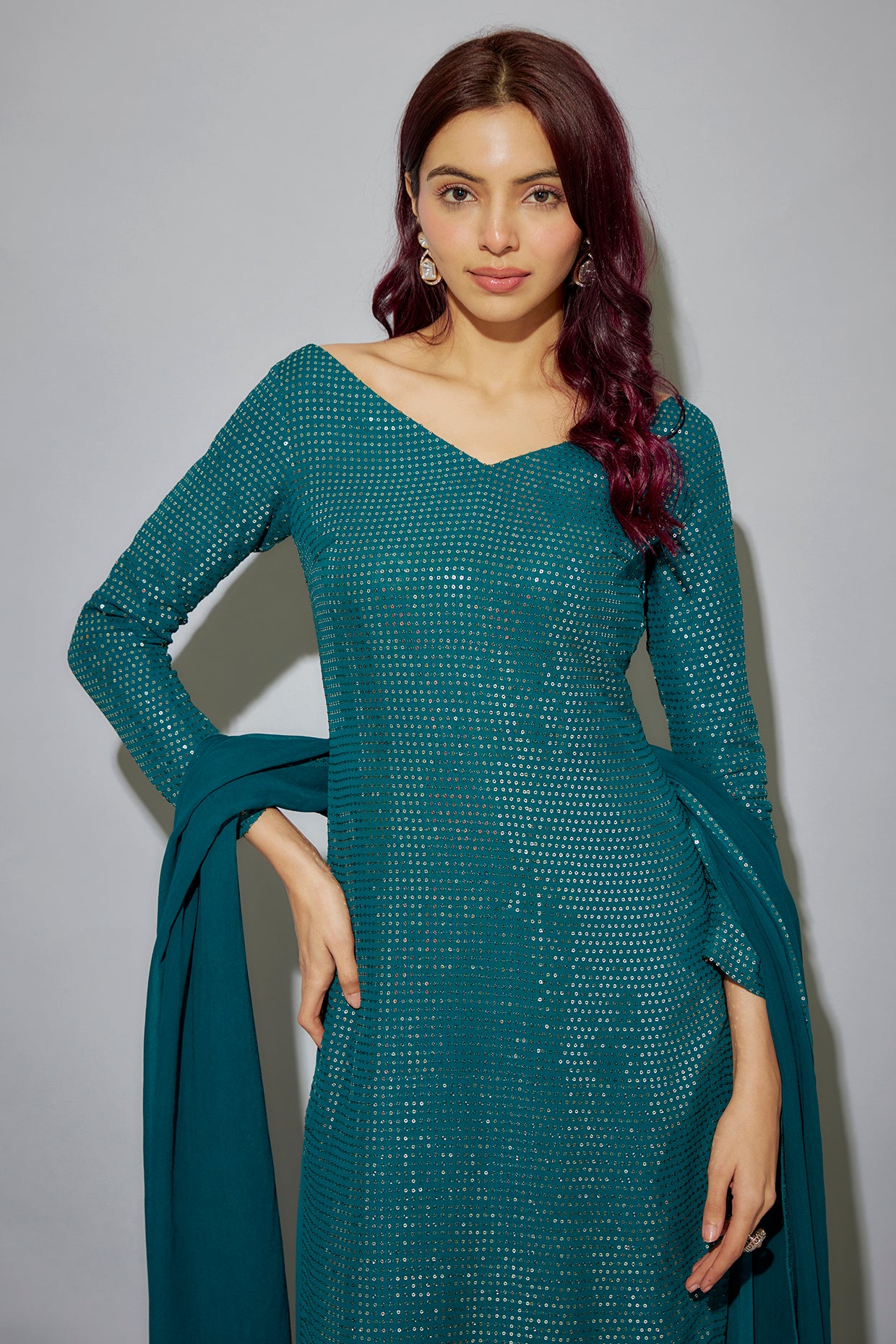 Teal blue georgette embroidered kurta set