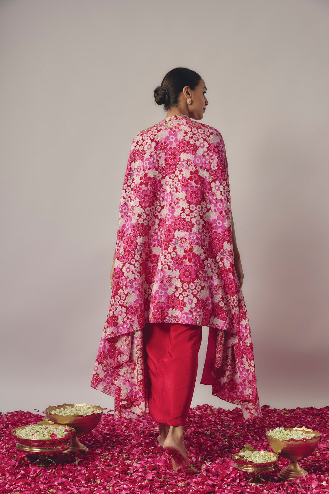 RED AND PINK EMBROIDERED SKIRT CAPE SET