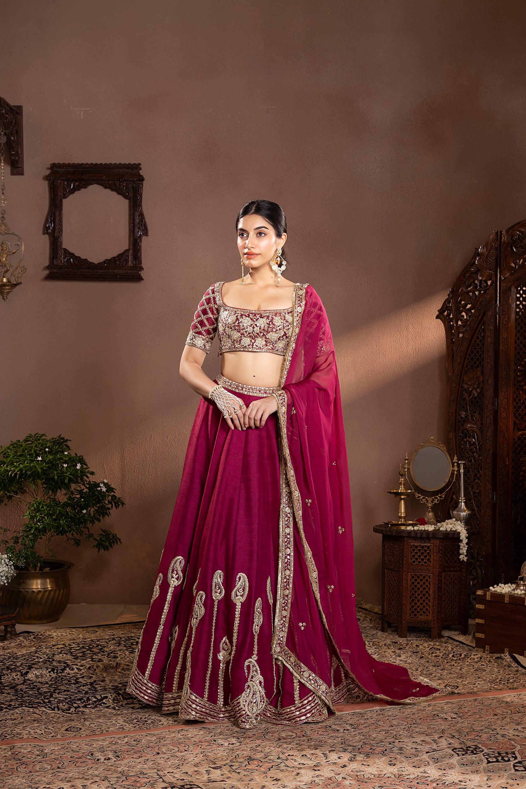 Wine munga silk embroidered lehenga