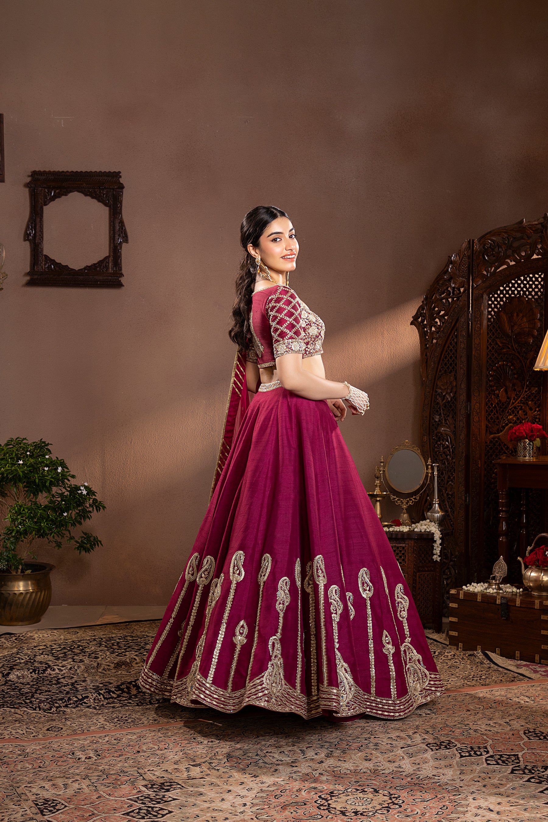 Wine munga silk embroidered lehenga