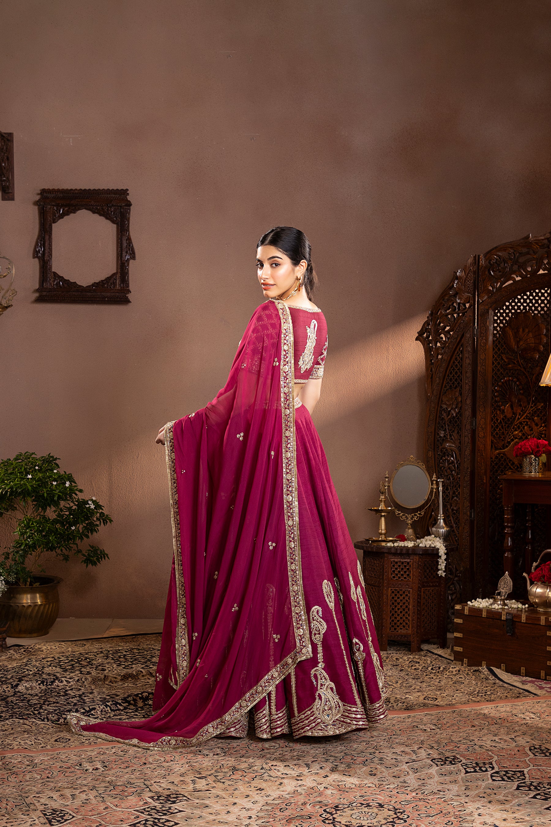 Wine munga silk embroidered lehenga