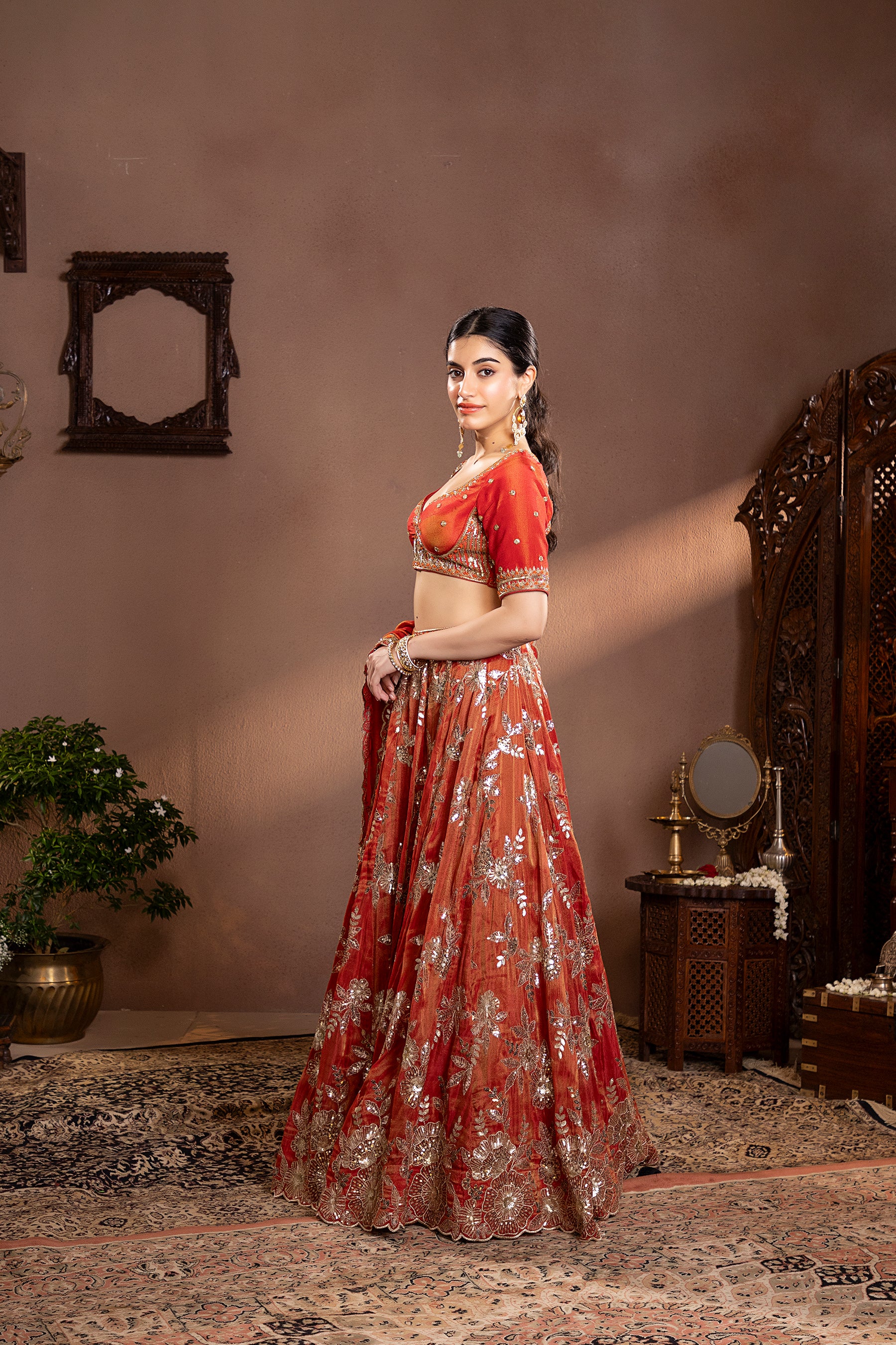 rust gold tissue Embroidered lehenga