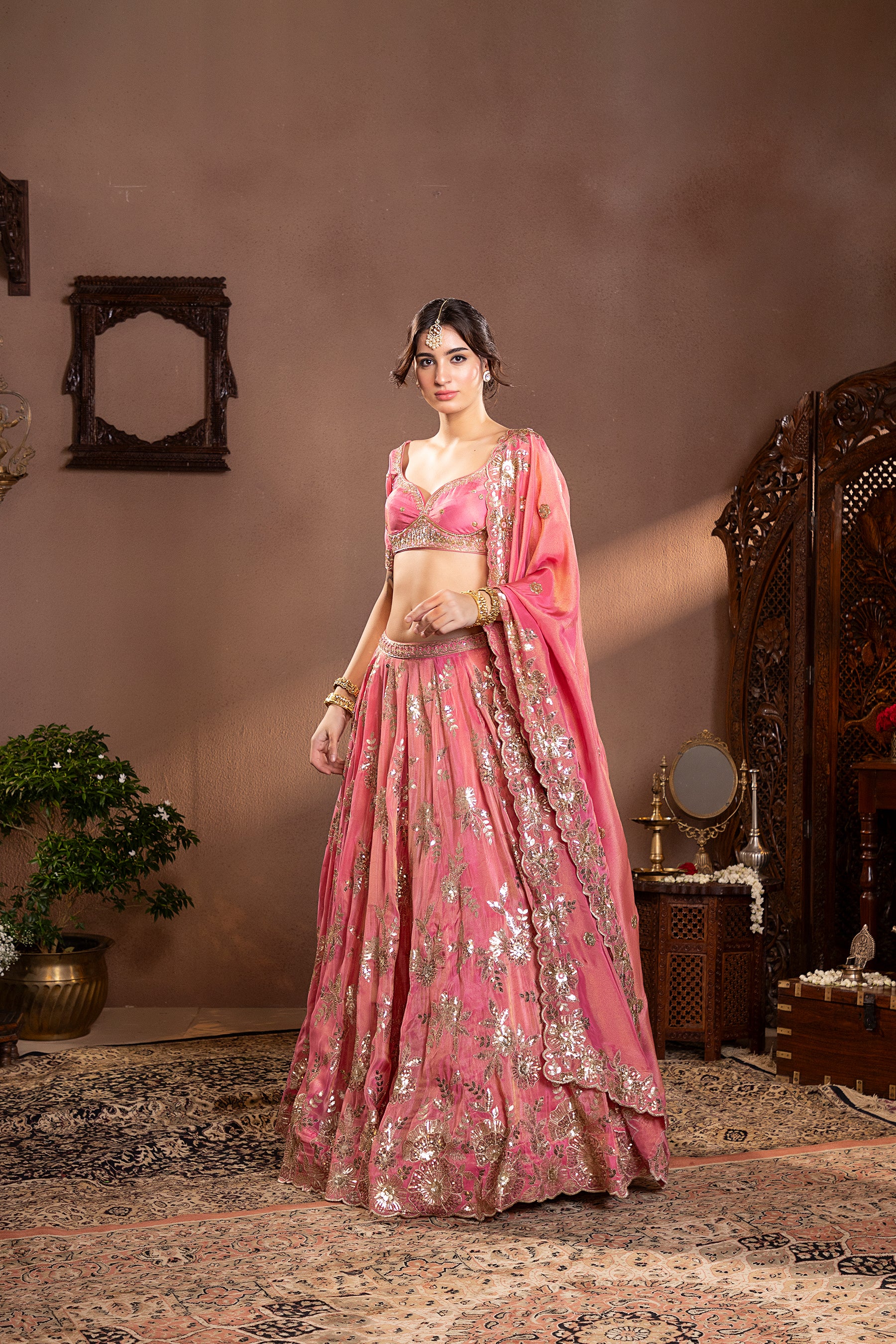 pink gold tissue Embroidered lehenga