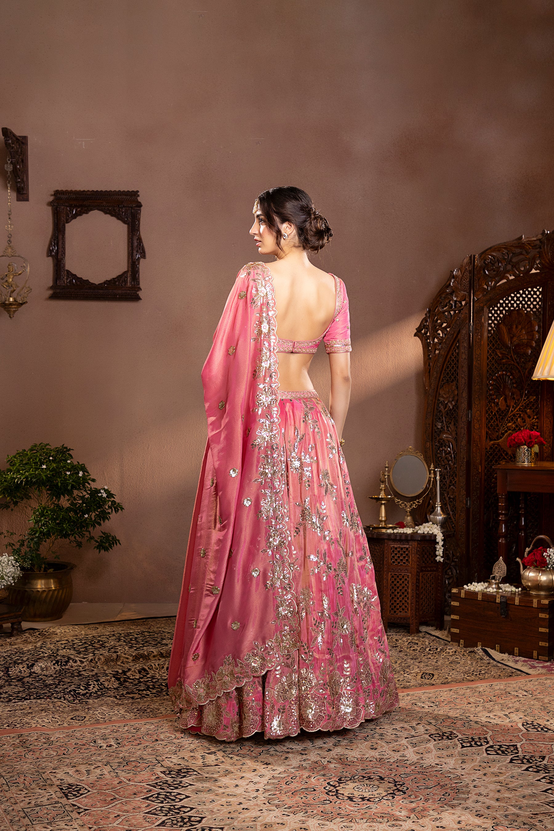 pink gold tissue Embroidered lehenga