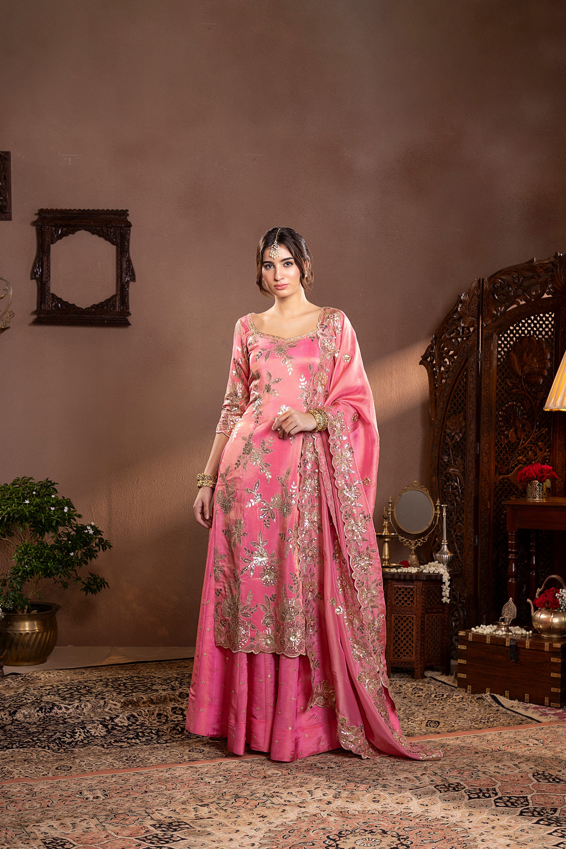 blush pink tissue Embroidered kurta set