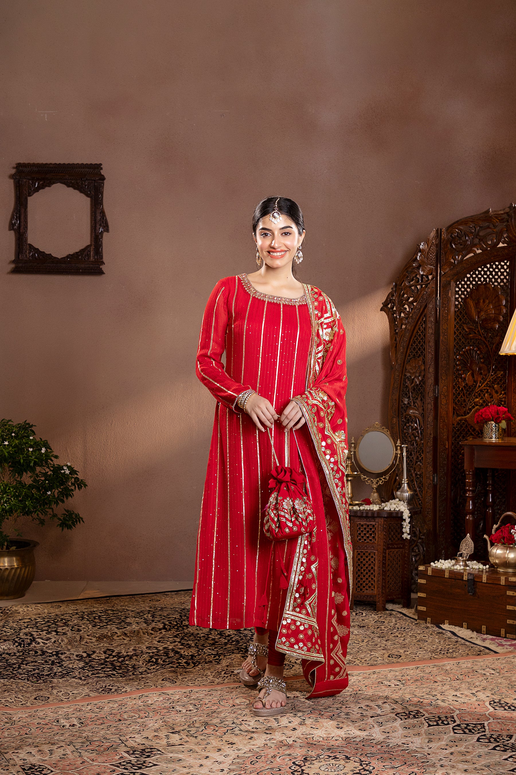 cherry red Georgette embroiderd kurta set