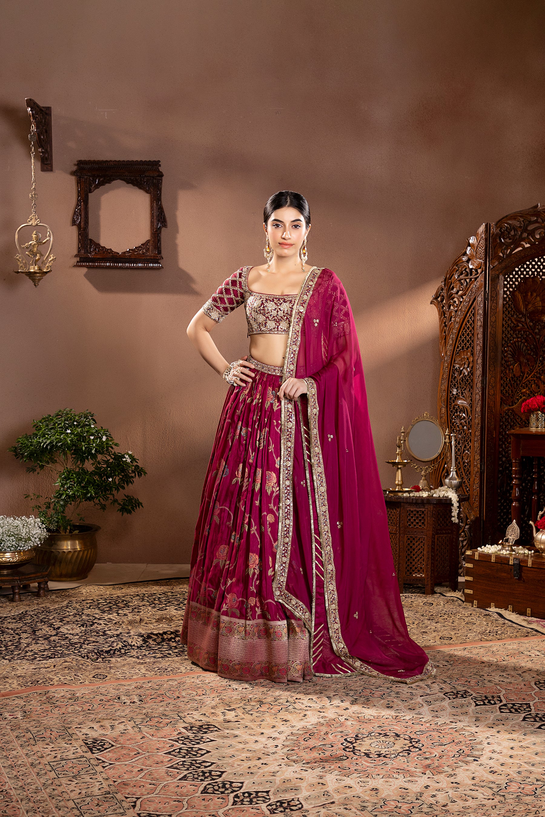 Wine mina Zair banarasi silk embroidered lehenga