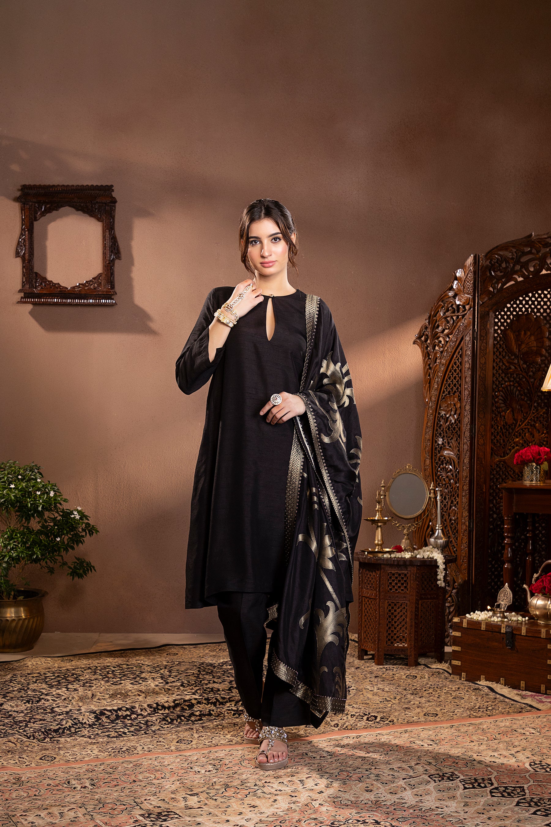 Black munga silk floral kurta set