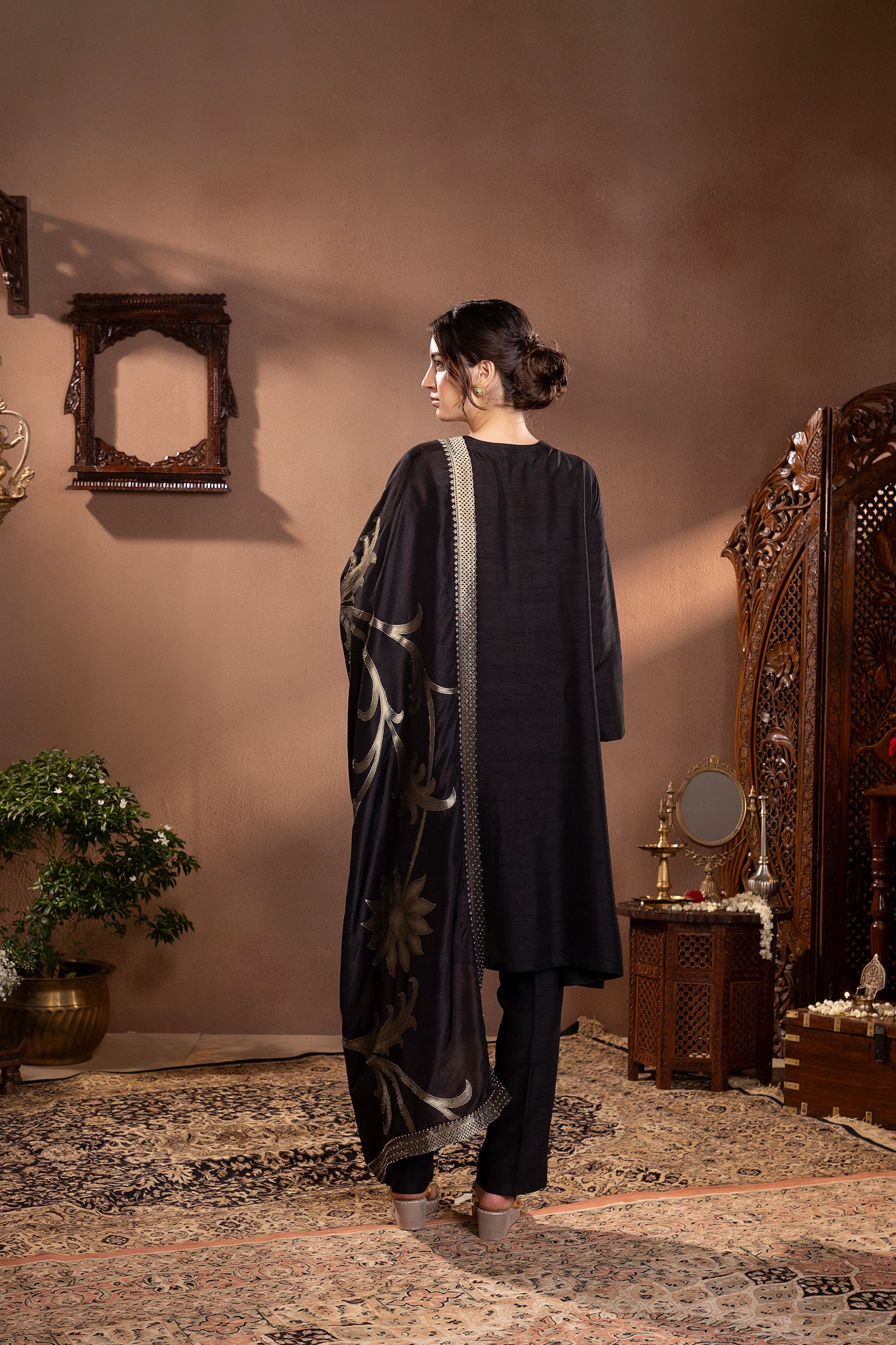 Black munga silk floral kurta set