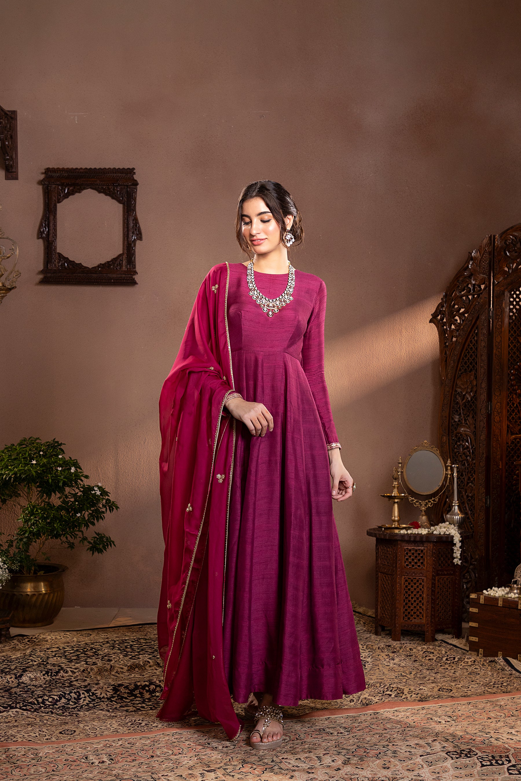 Wine munga silk anarkali