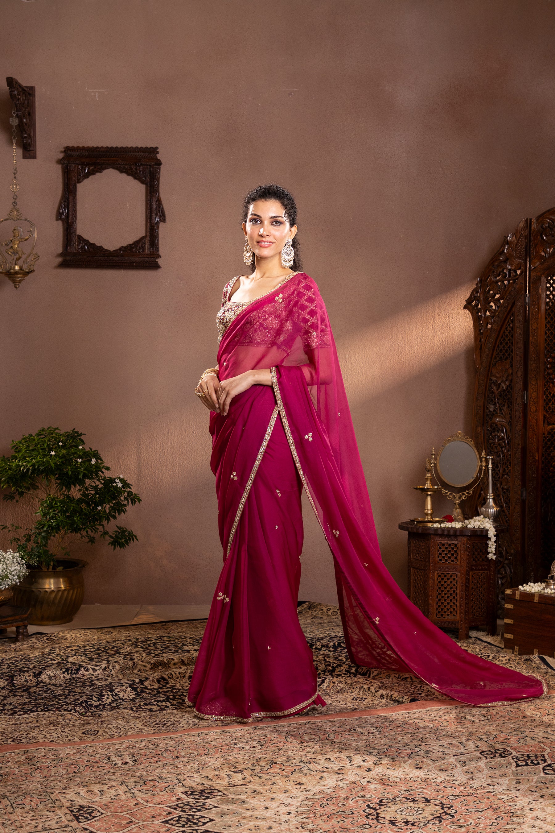 Wine organza embroidered saree