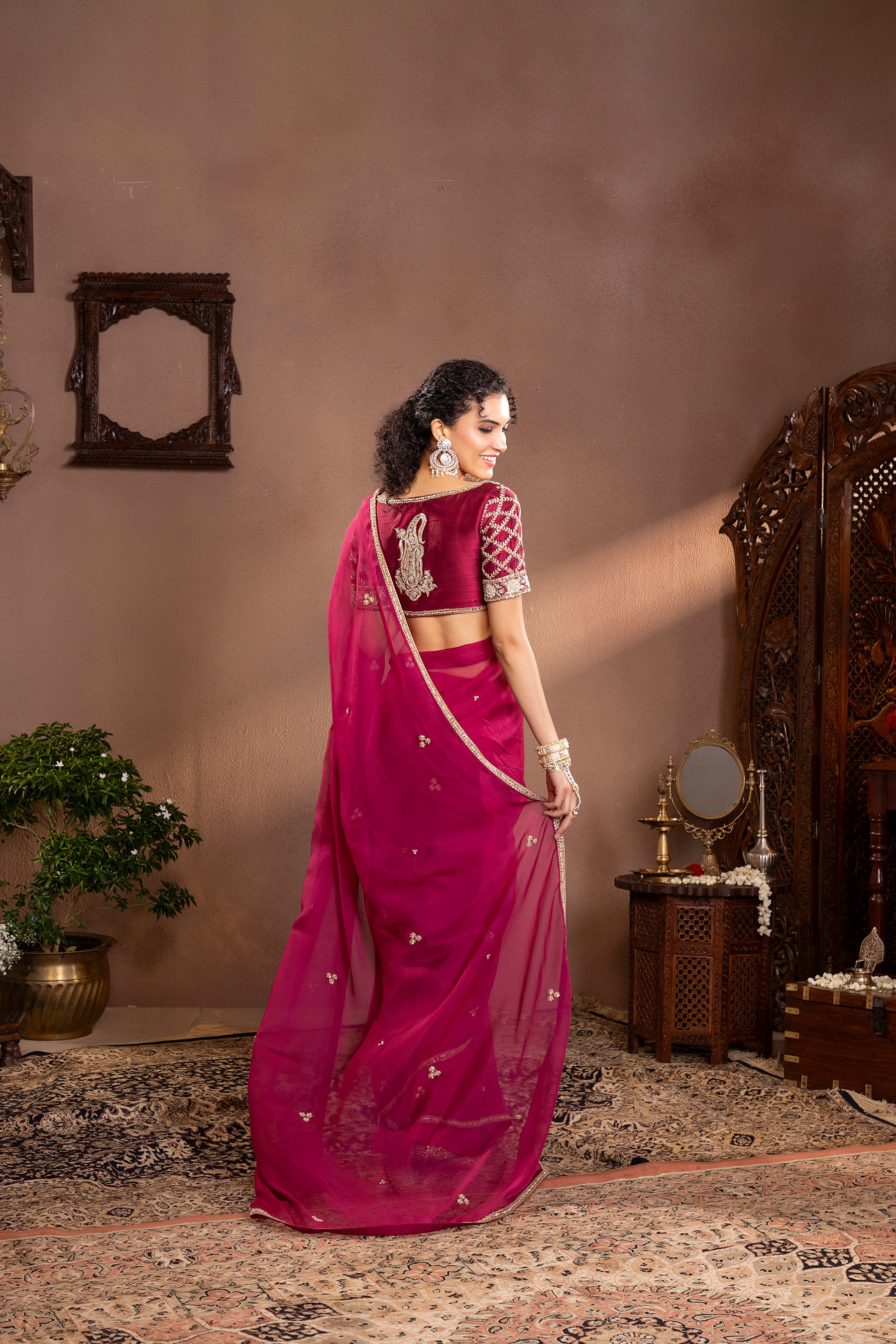 Wine organza embroidered saree