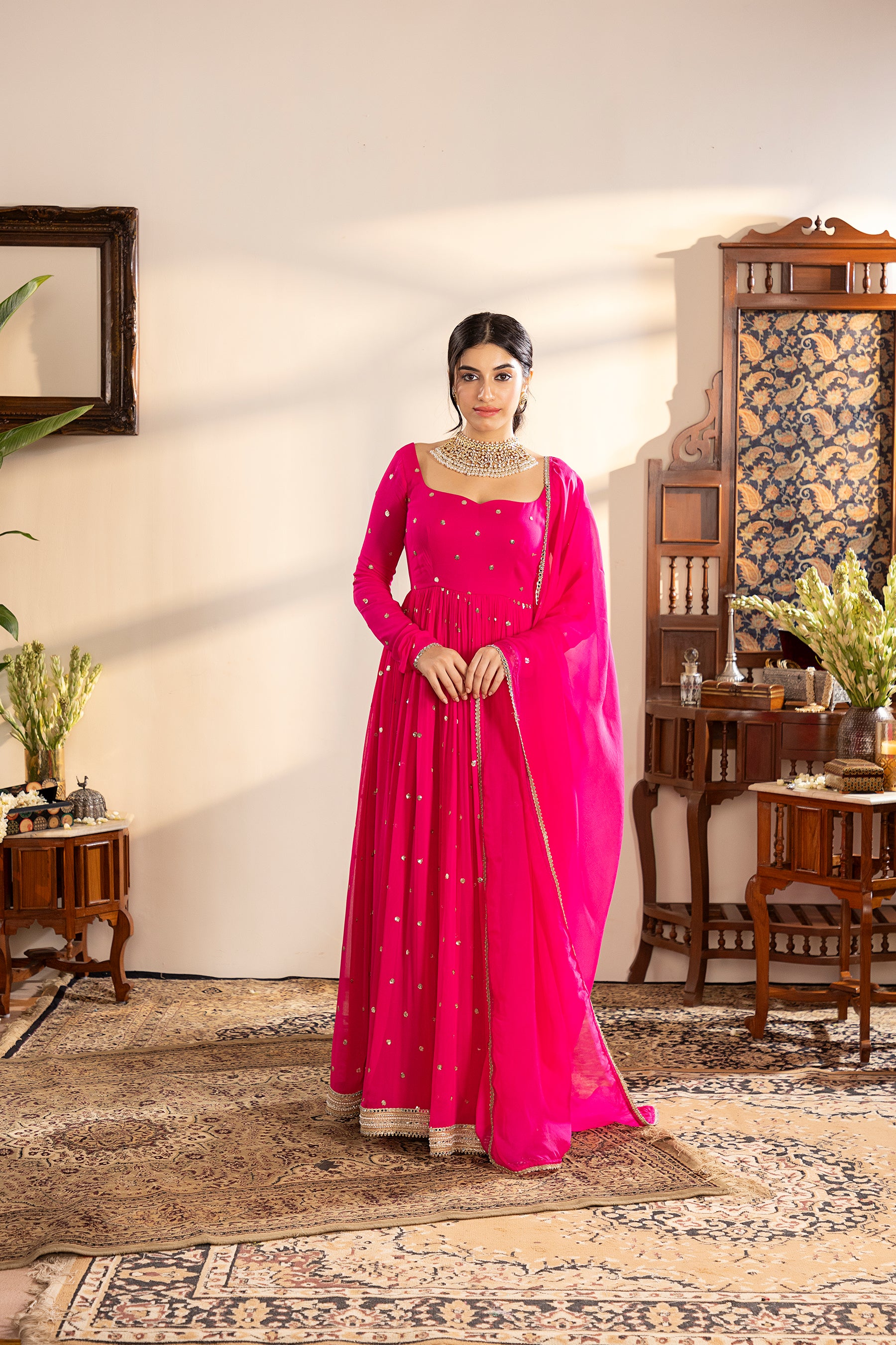 Pink georgette anarkali set