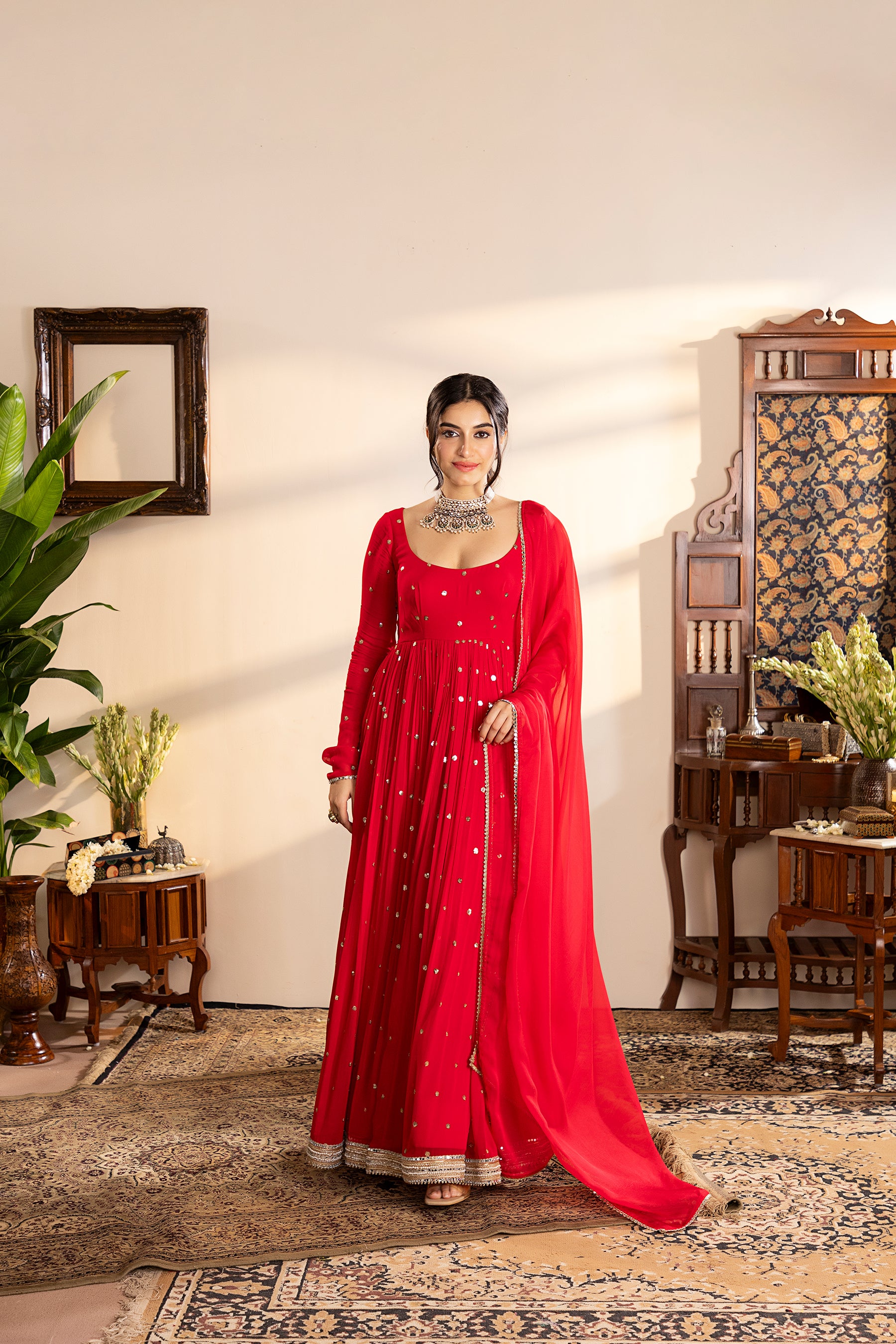 Red georgette anarkali set