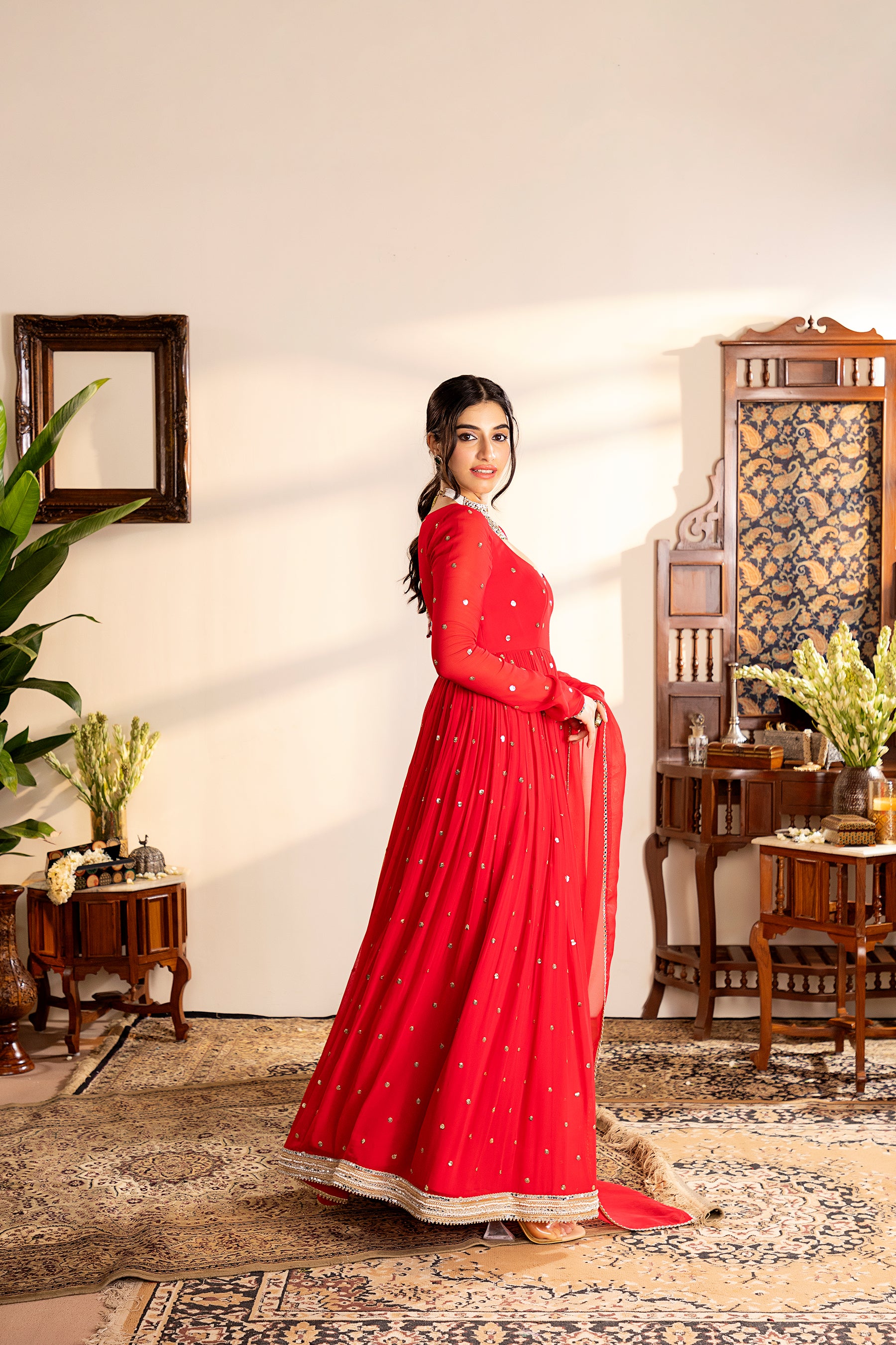 Red georgette anarkali set