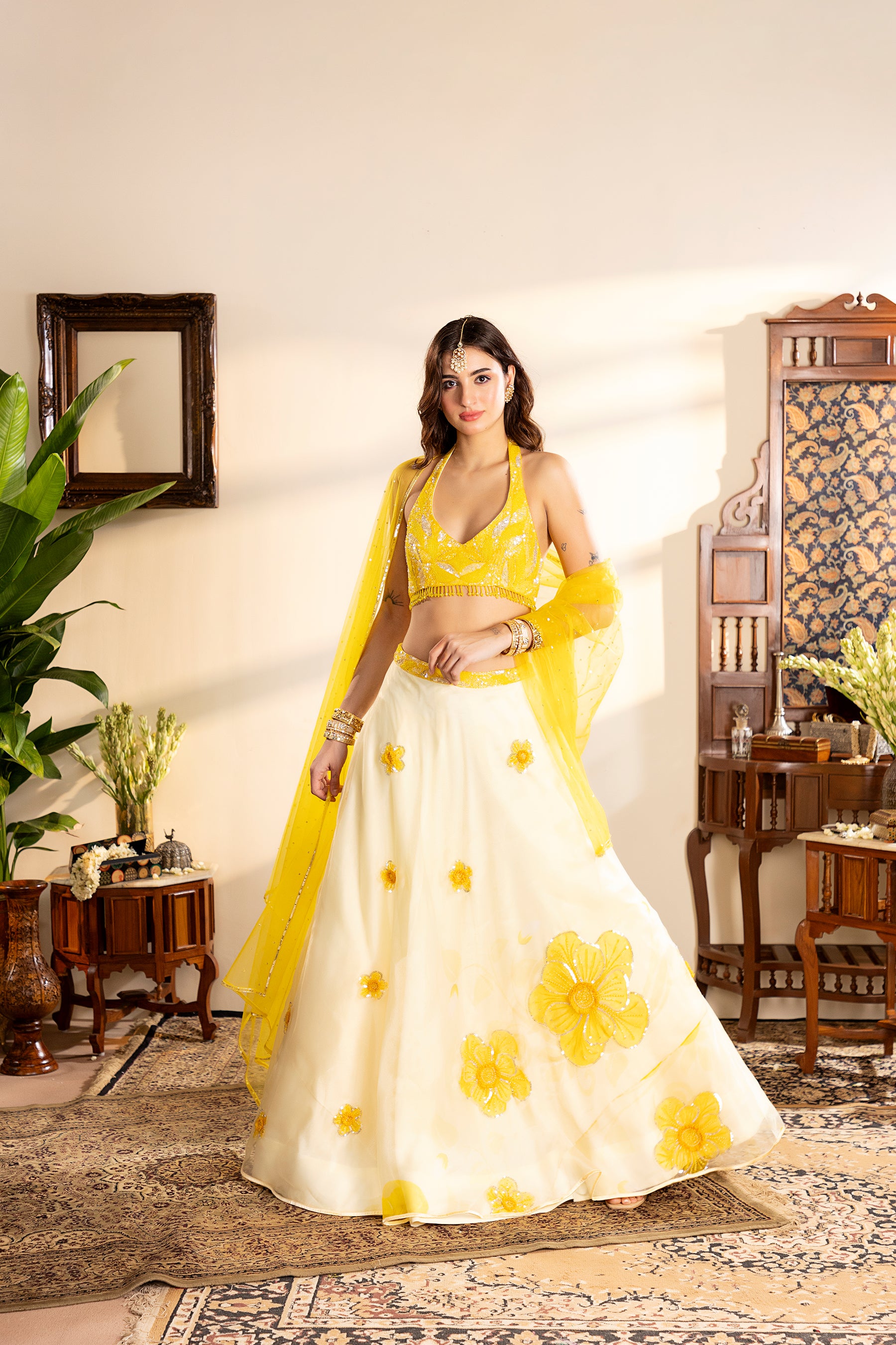 yellow Floral Embroidered Lehenga