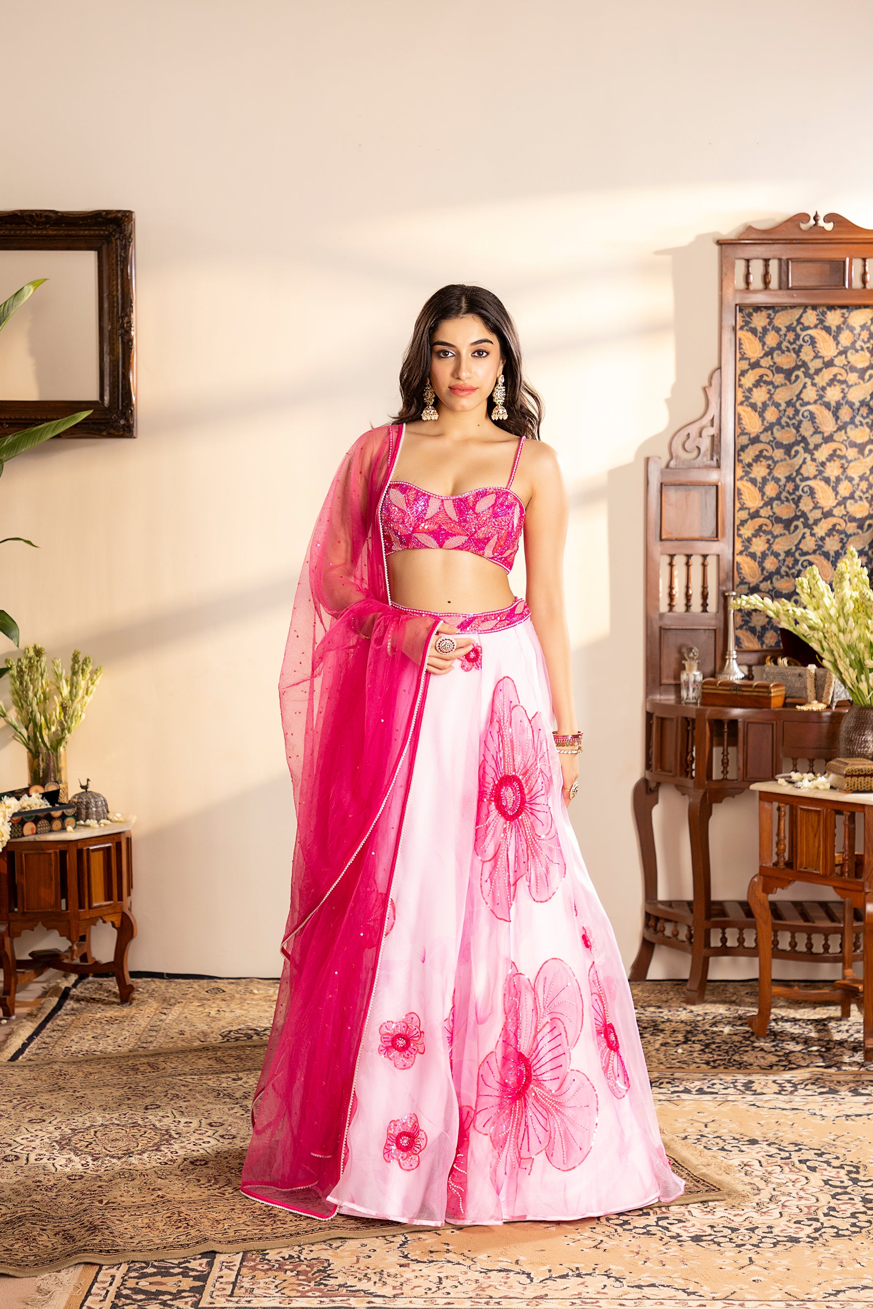 Powder Pink Floral Embroidered Lehenga