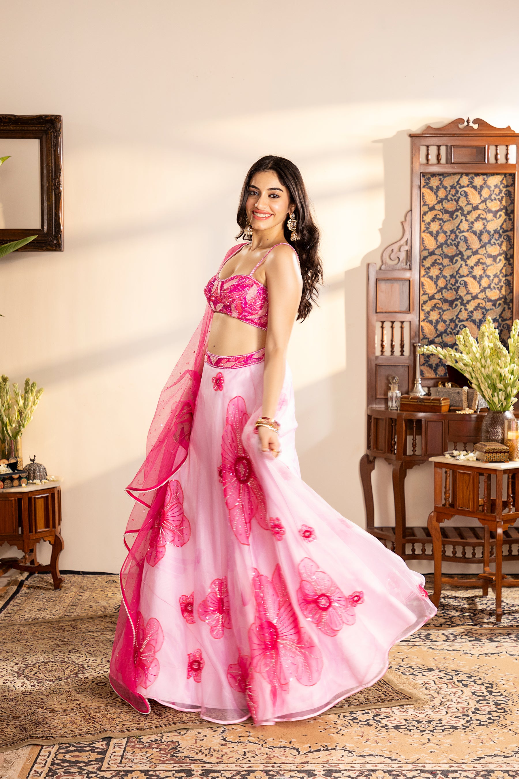 Powder Pink Floral Embroidered Lehenga