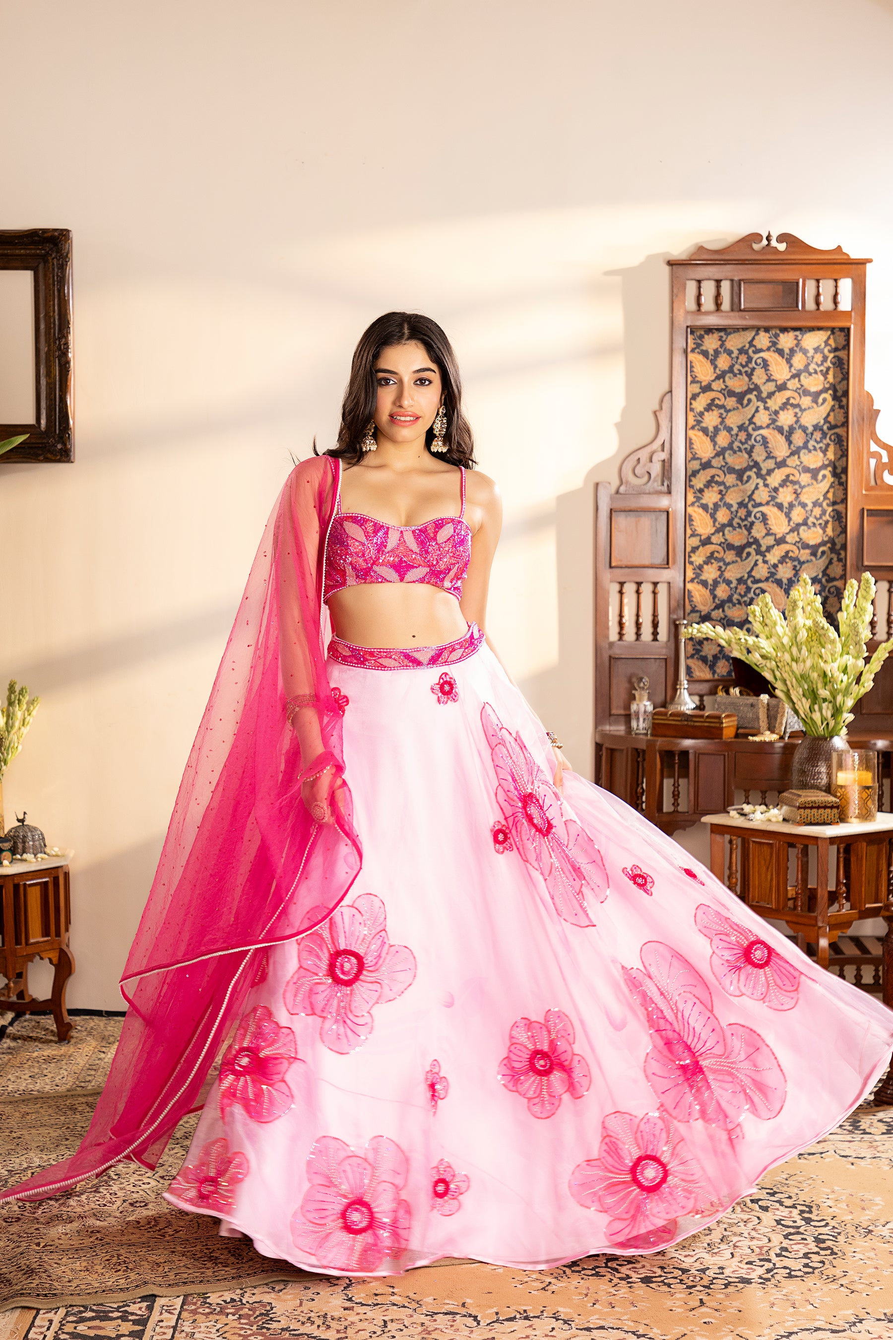 Powder Pink Floral Embroidered Lehenga