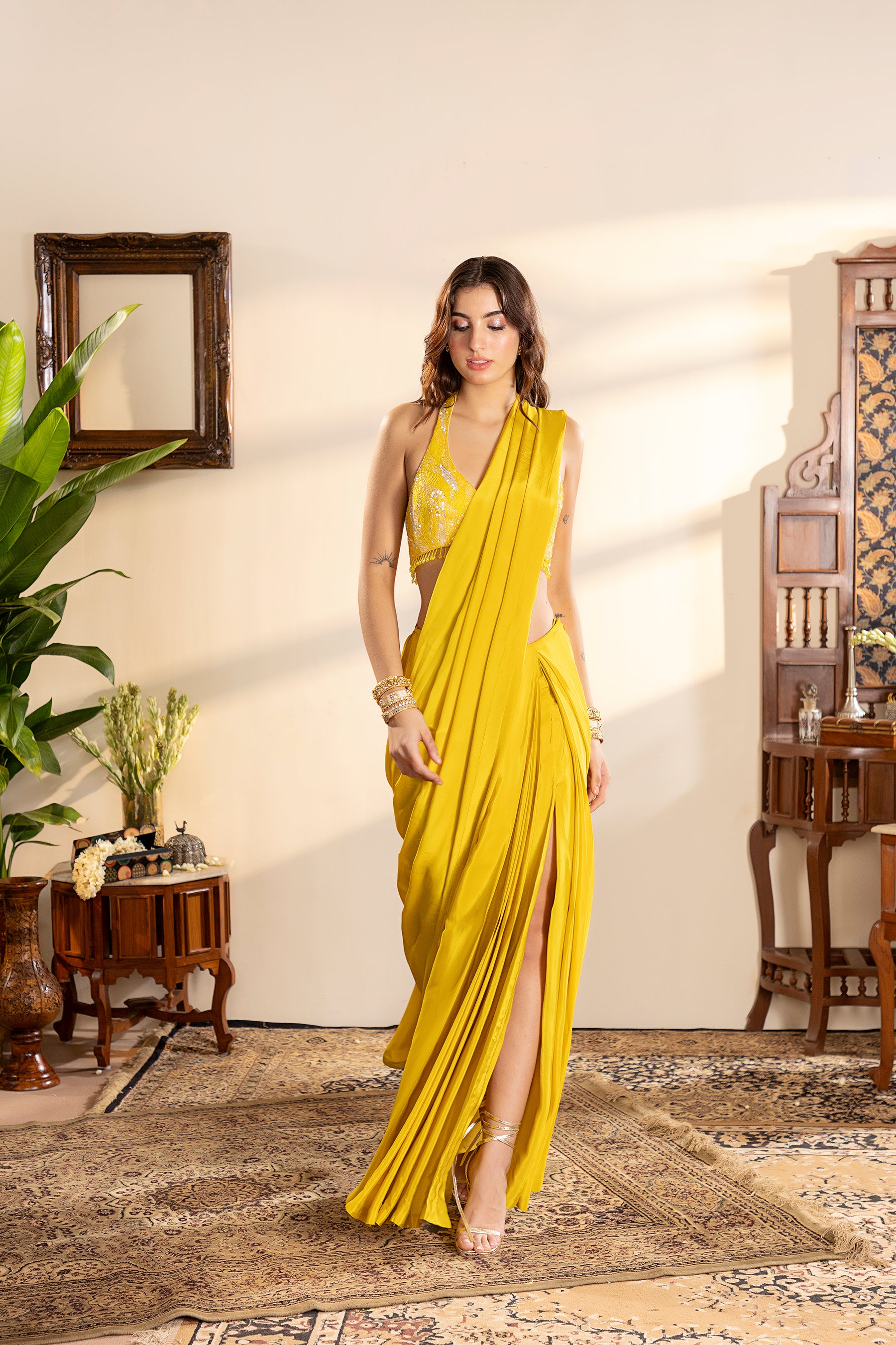 electric yellow crepe pre-draped saree