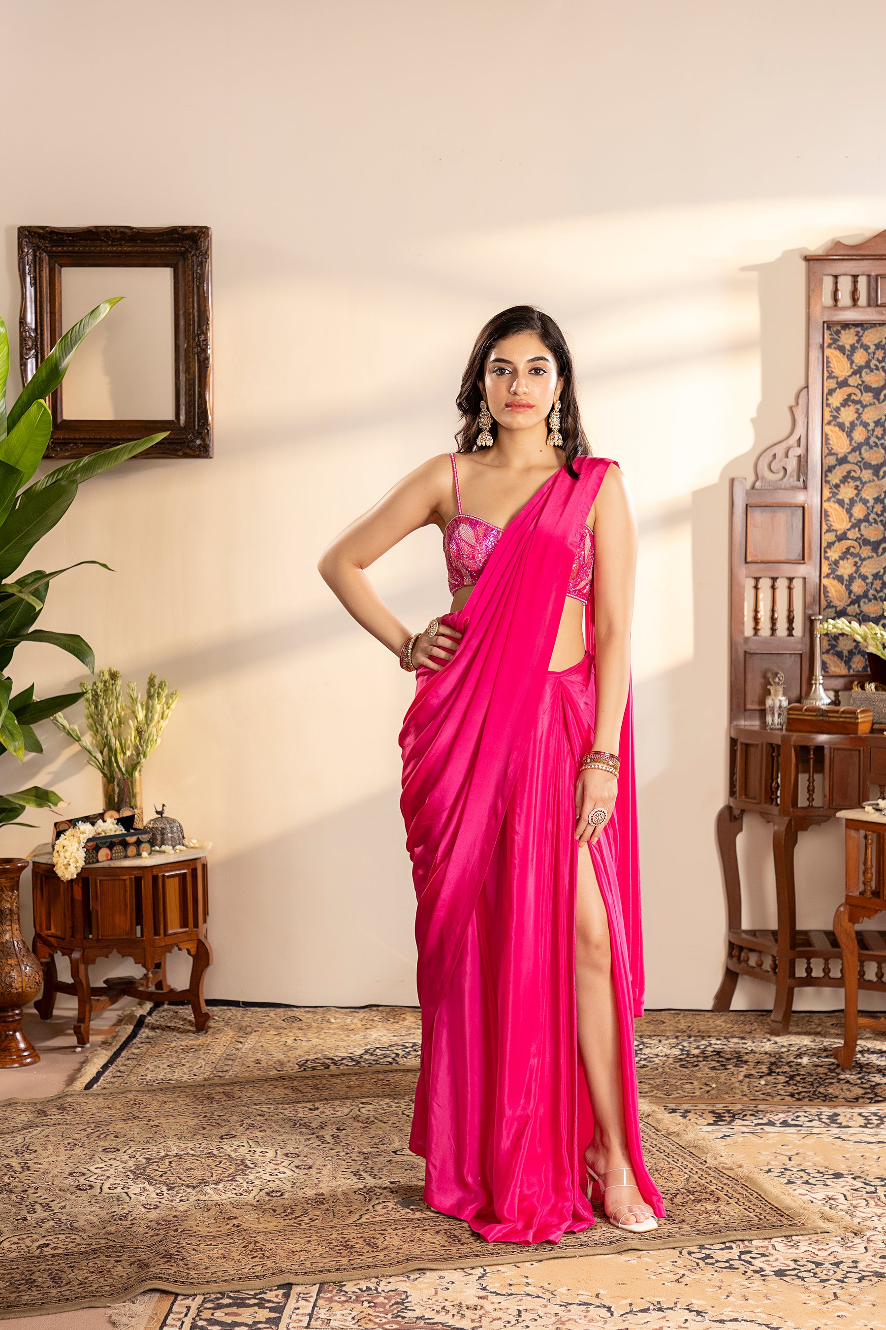 electric pink crepe pre-draped saree