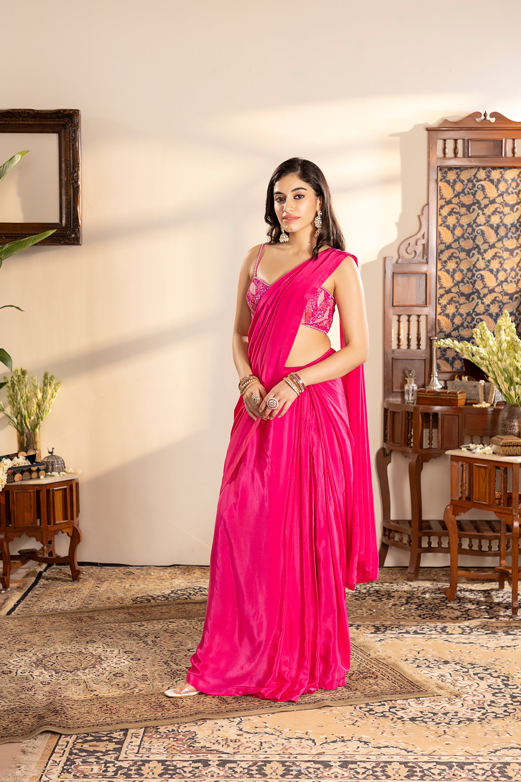 electric pink crepe pre-draped saree