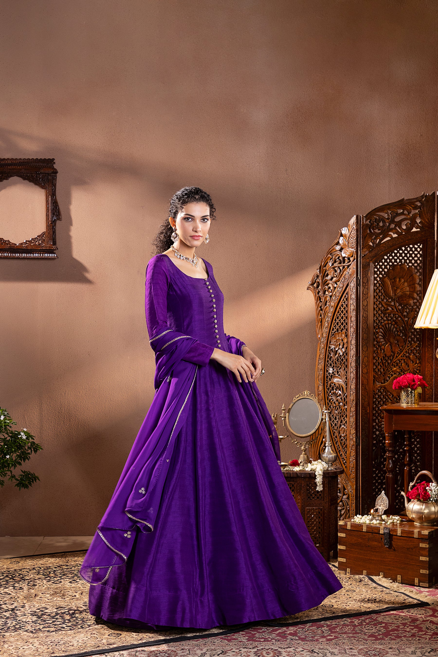 Purple Munga Silk Embroidered Anarkali 