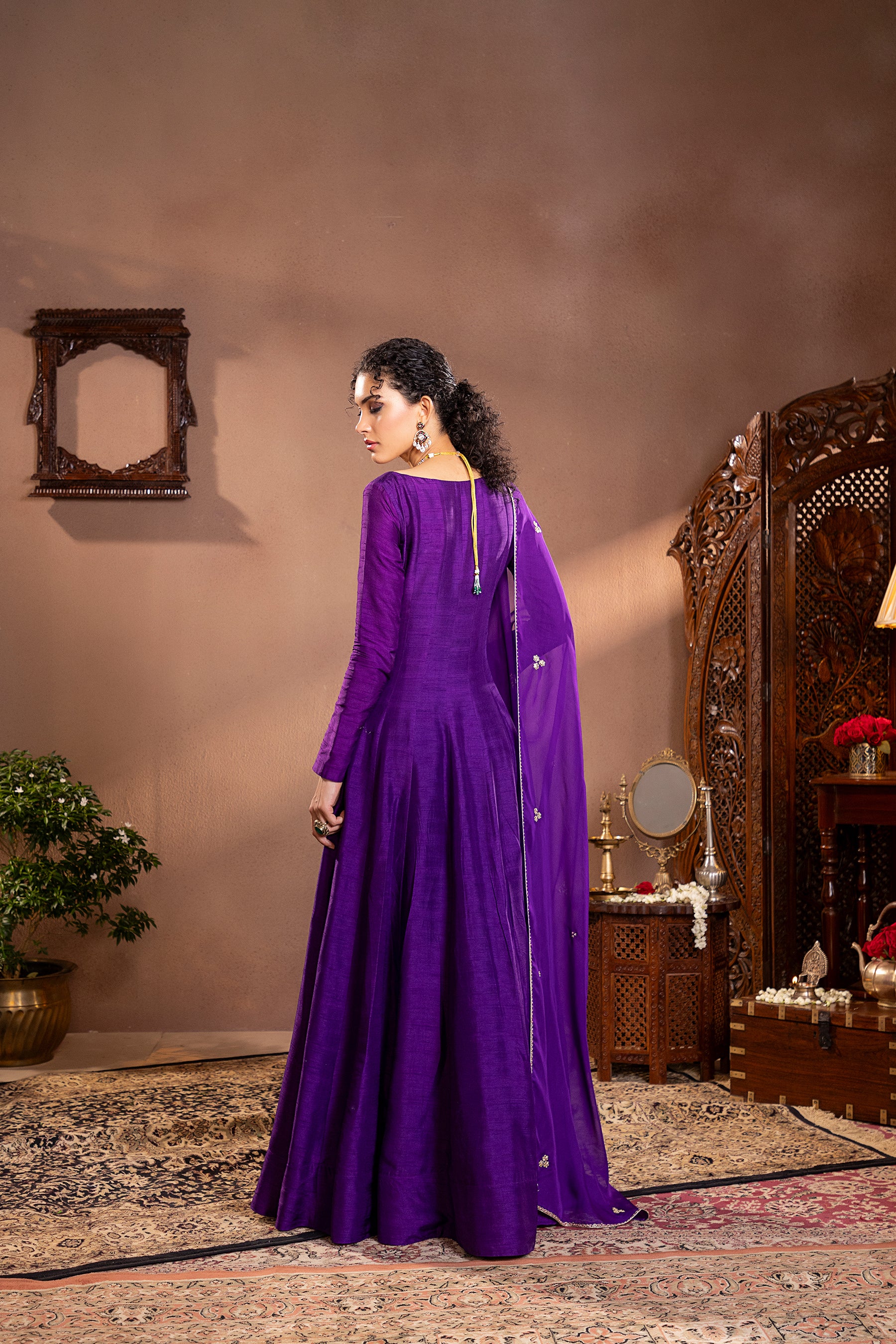 Purple Munga Silk Embroidered Anarkali 