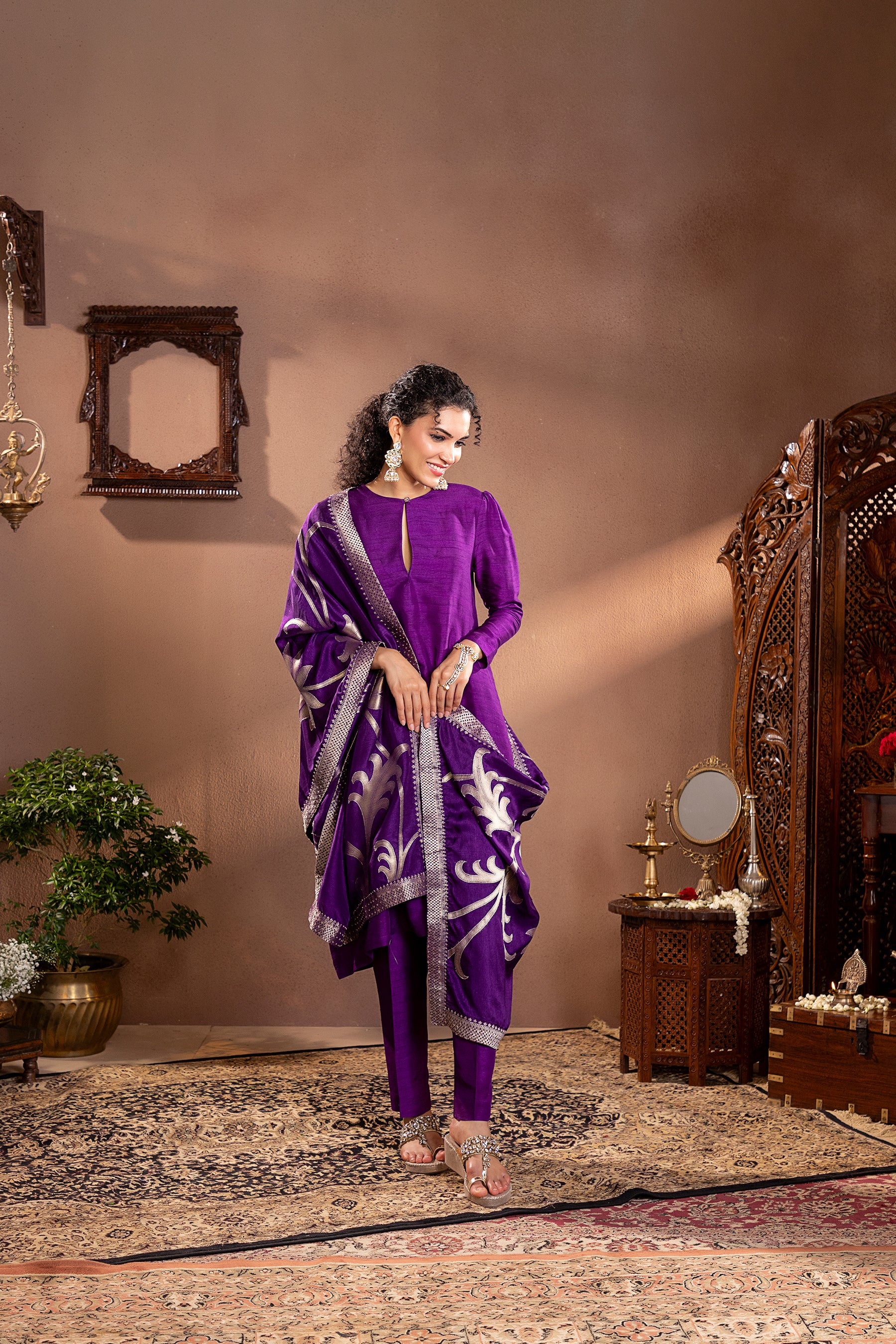 Purple Munga Silk Kurta Set 