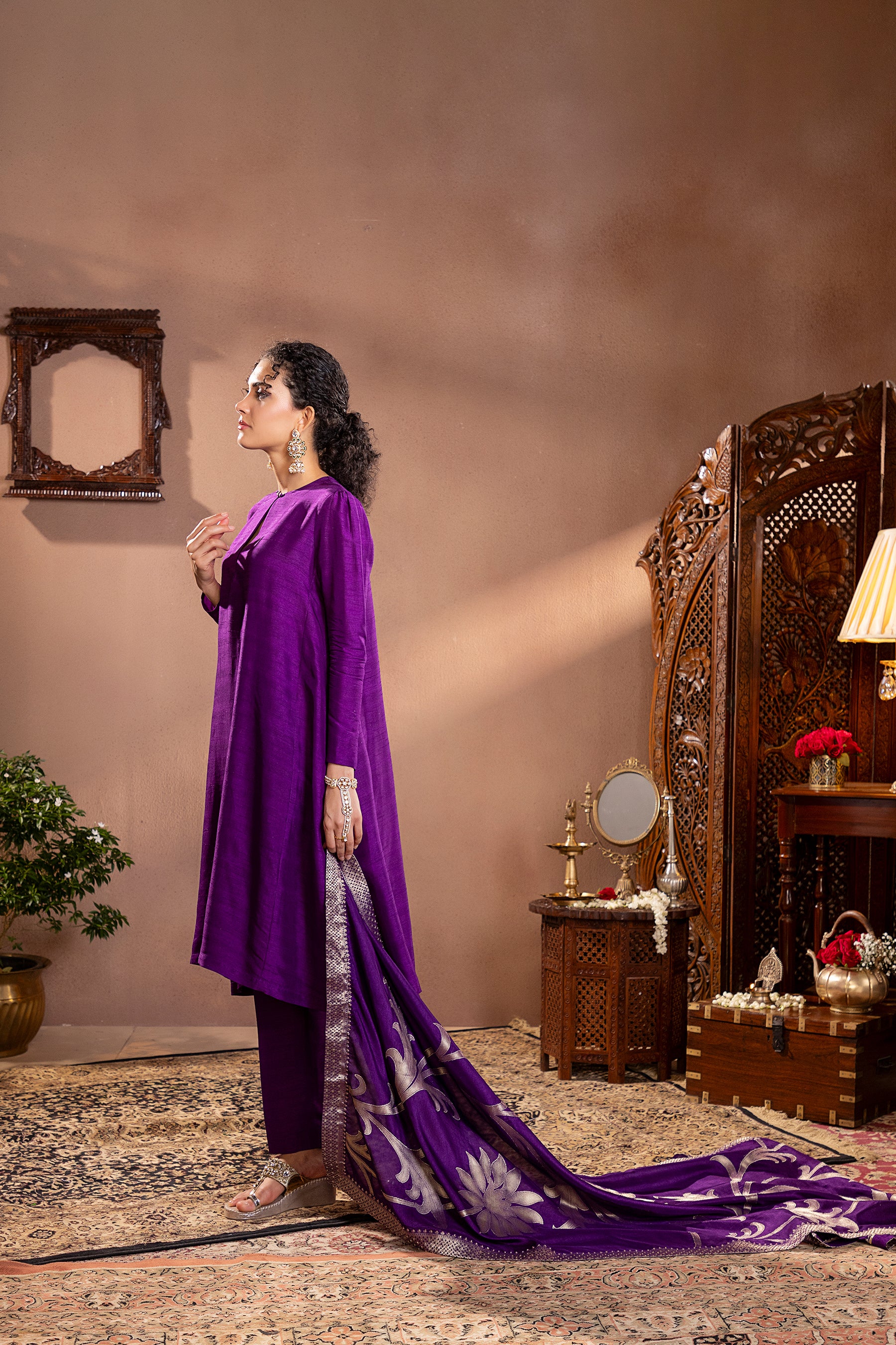 Purple Munga Silk Kurta Set 