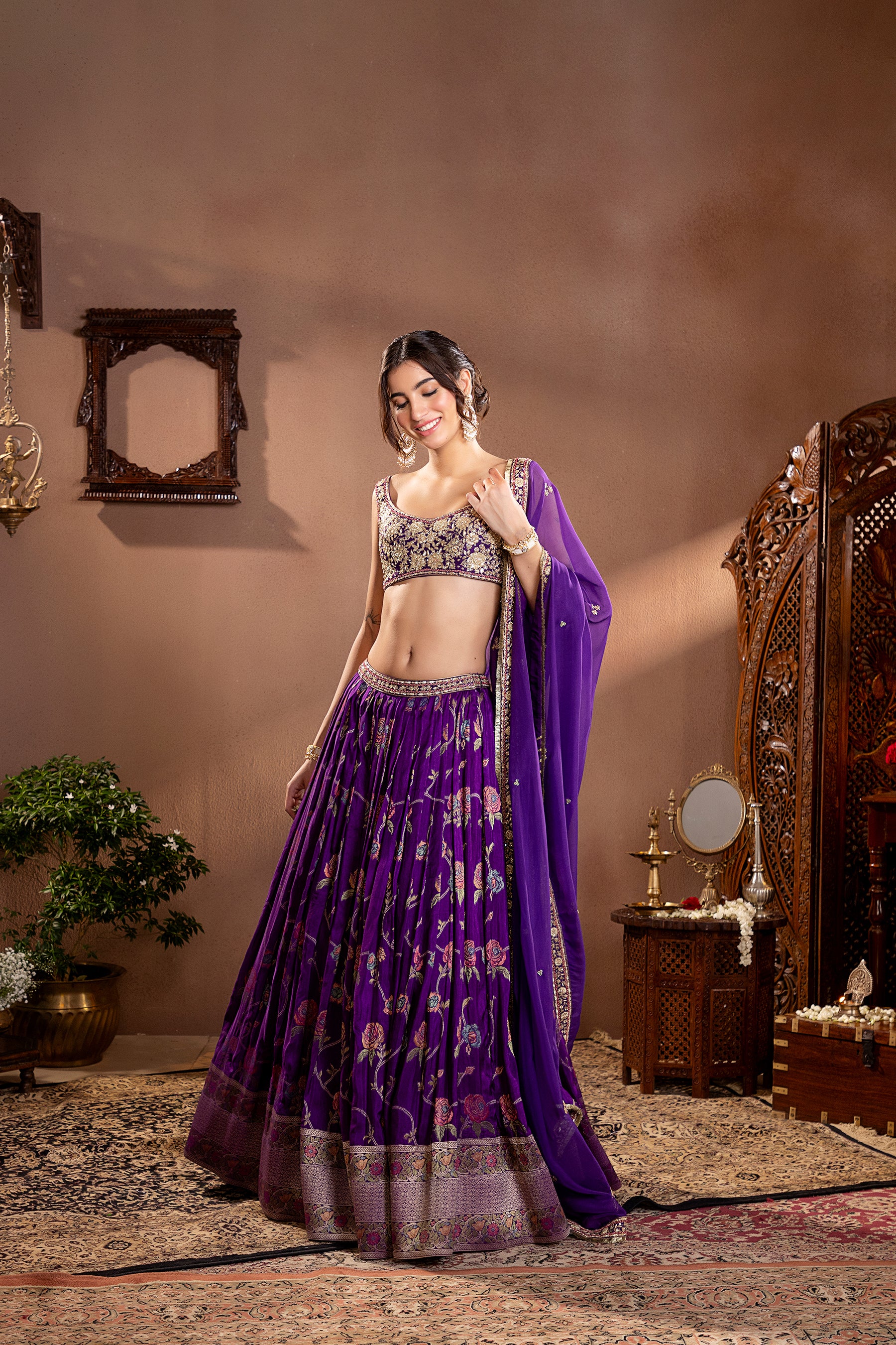 Purple Mina Zari Banarasi Silk Embroidered Lehenga 