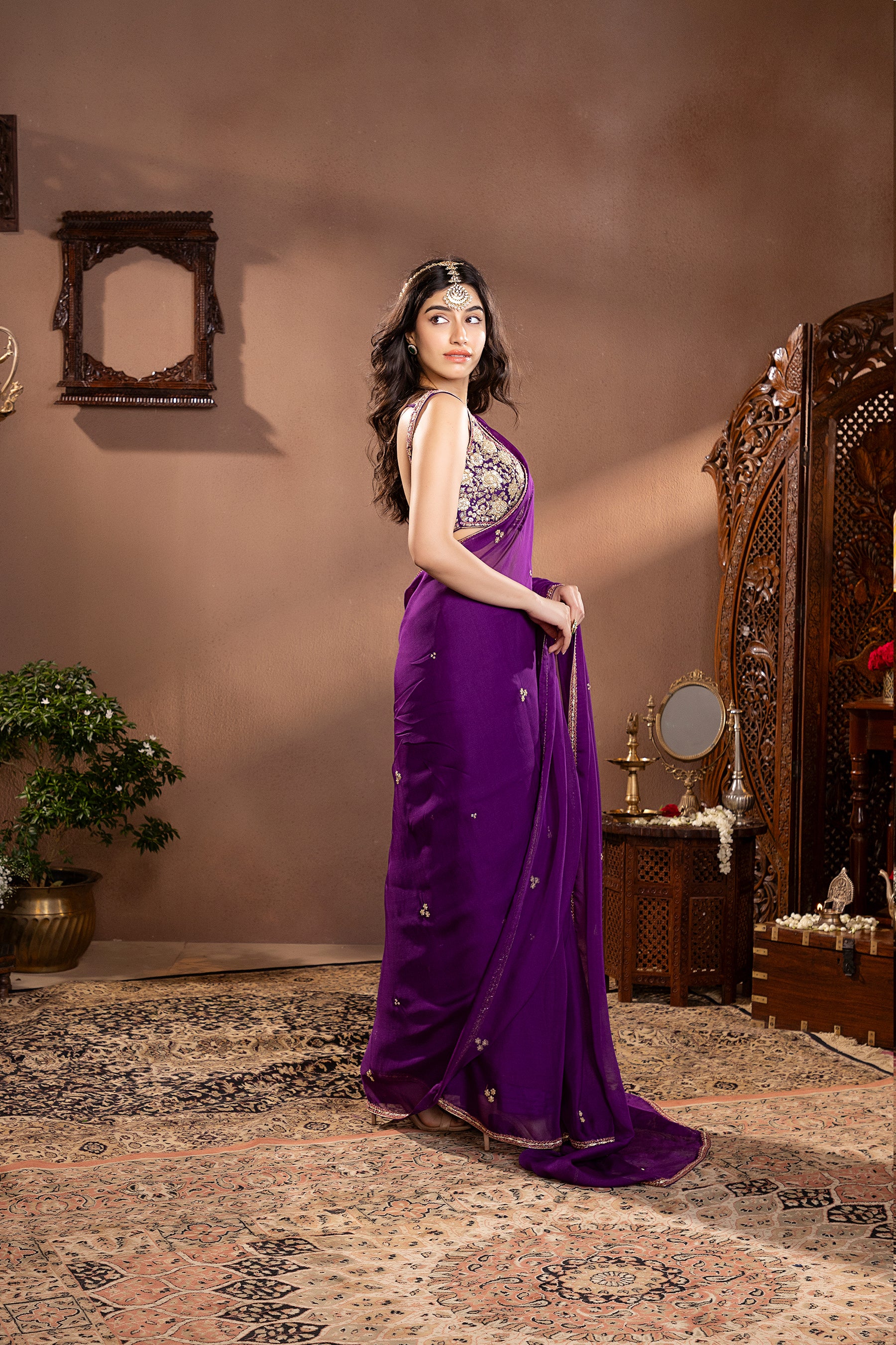 Purple Organza Embroidered Saree 