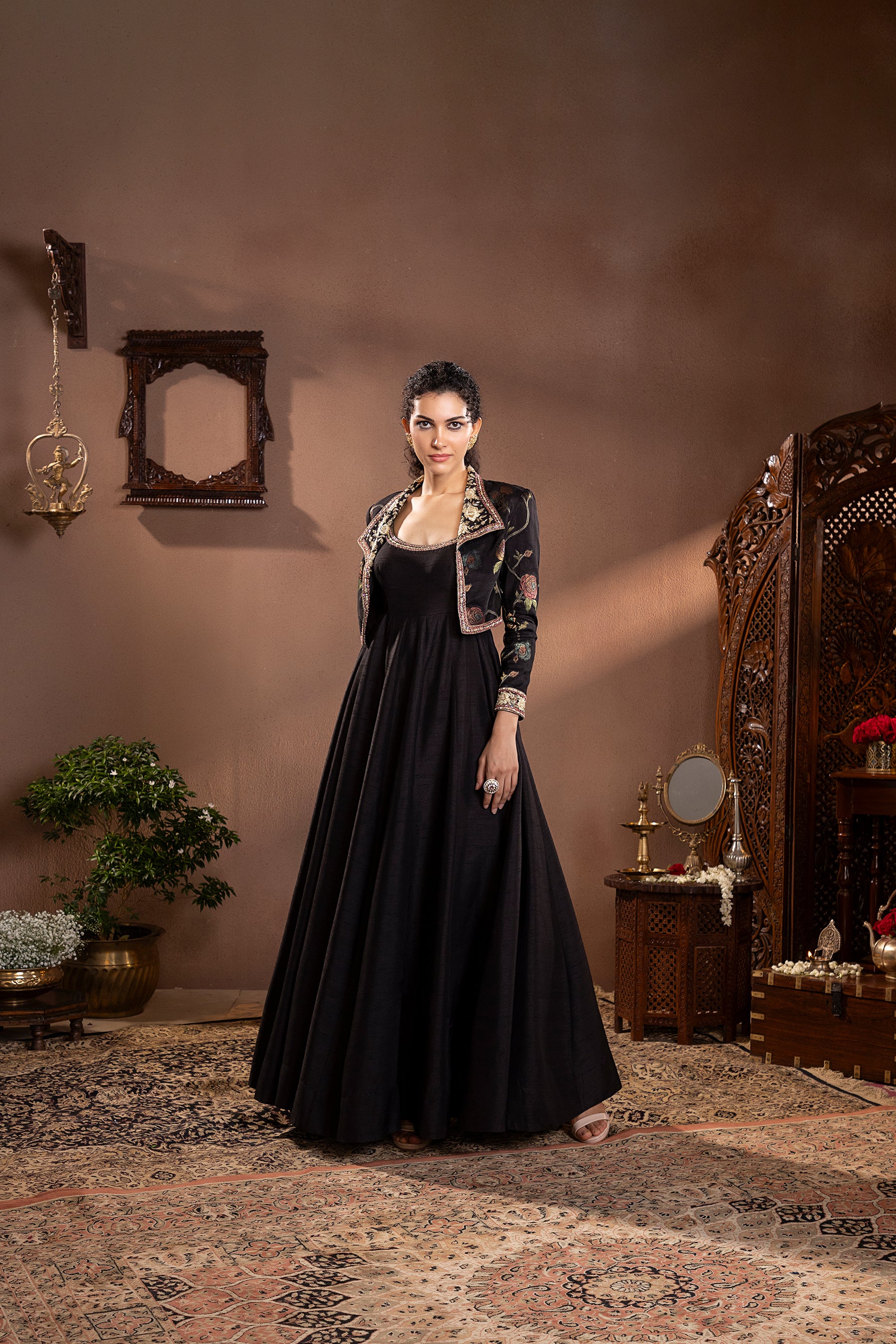 Black Munga Silk Embroidered Anarkali Jacket Set 