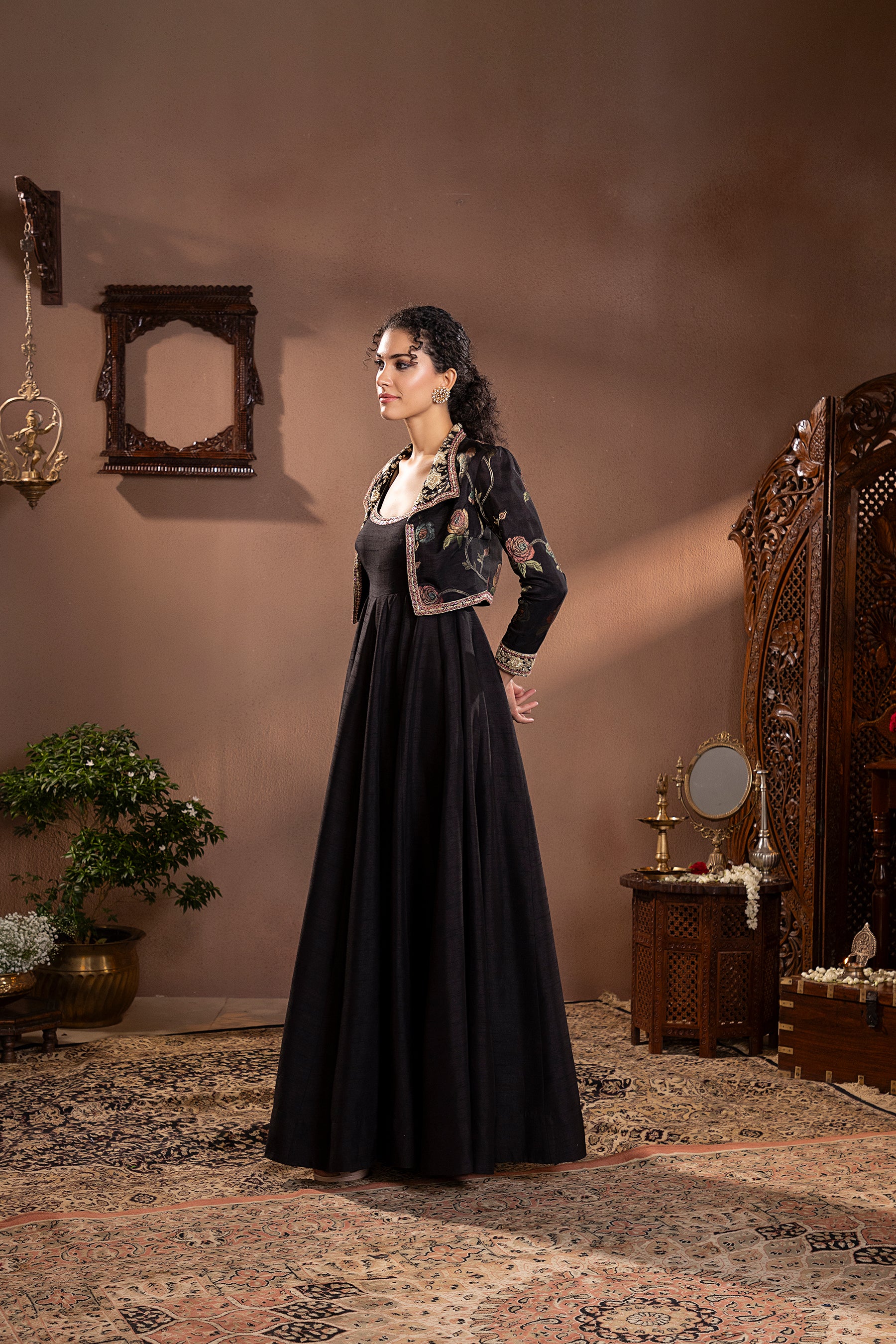 Black Munga Silk Embroidered Anarkali Jacket Set 