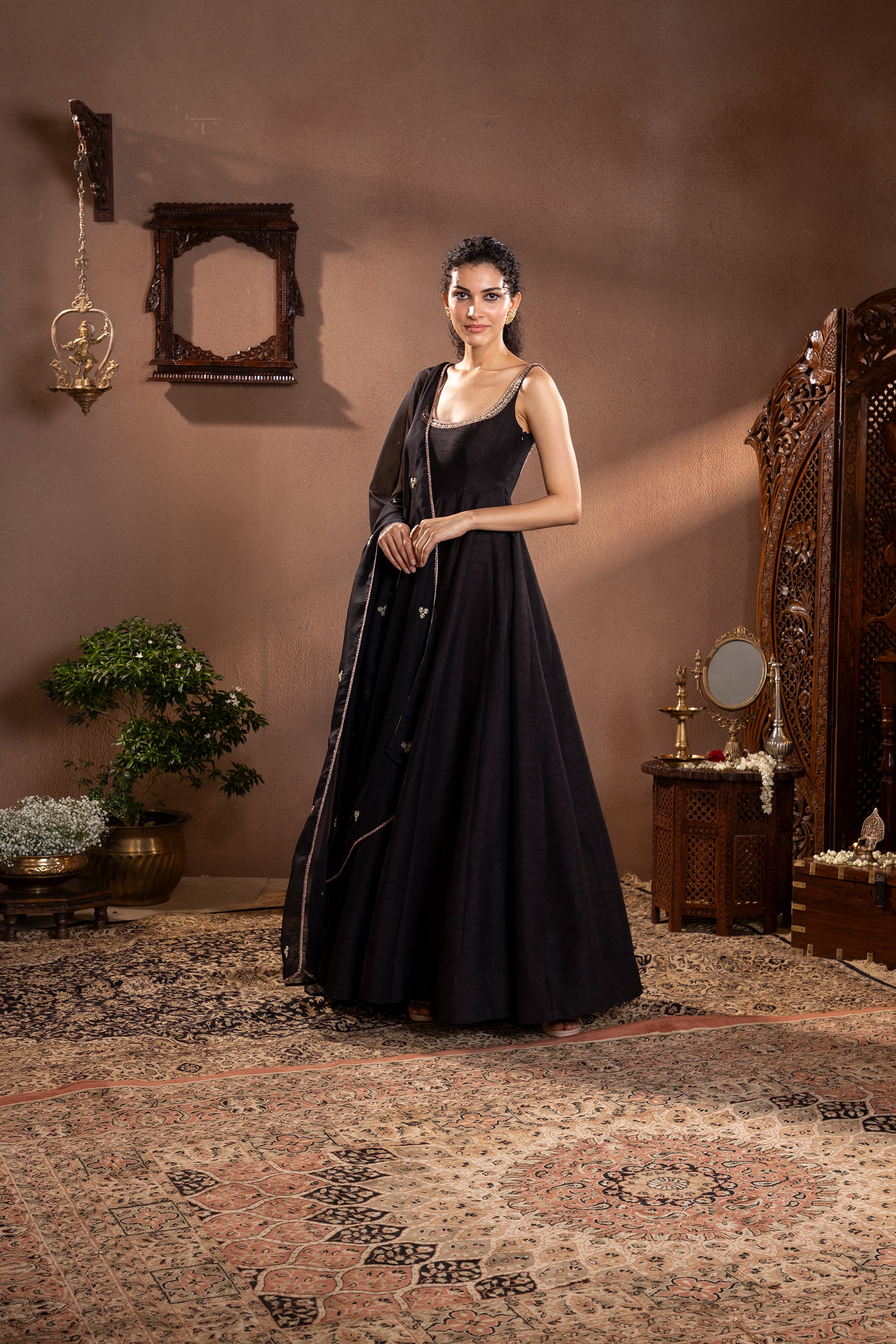 Black Munga Silk Anarkali Set 